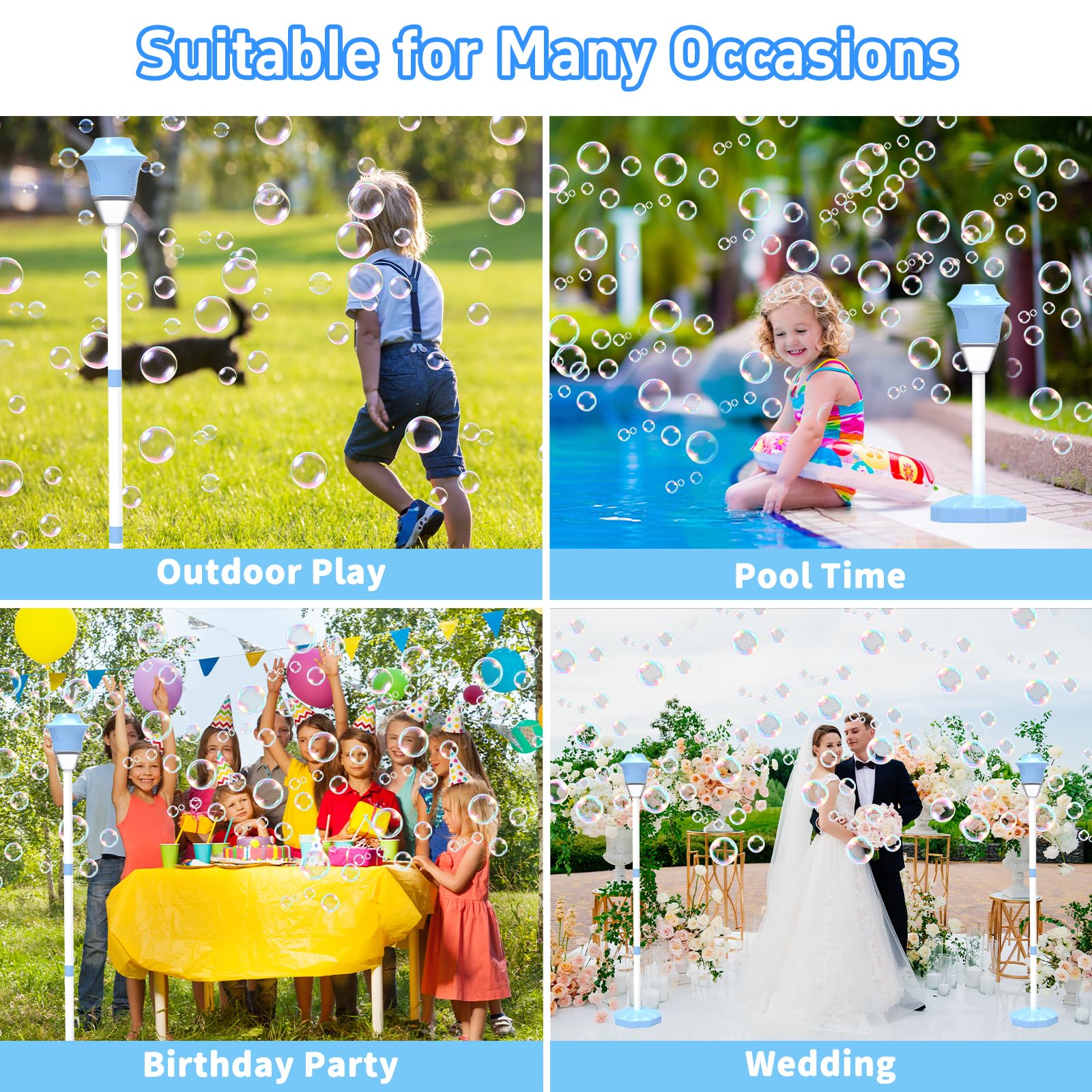 Infowush Bubble Machine height-adjustable tube for customizable party heights.
