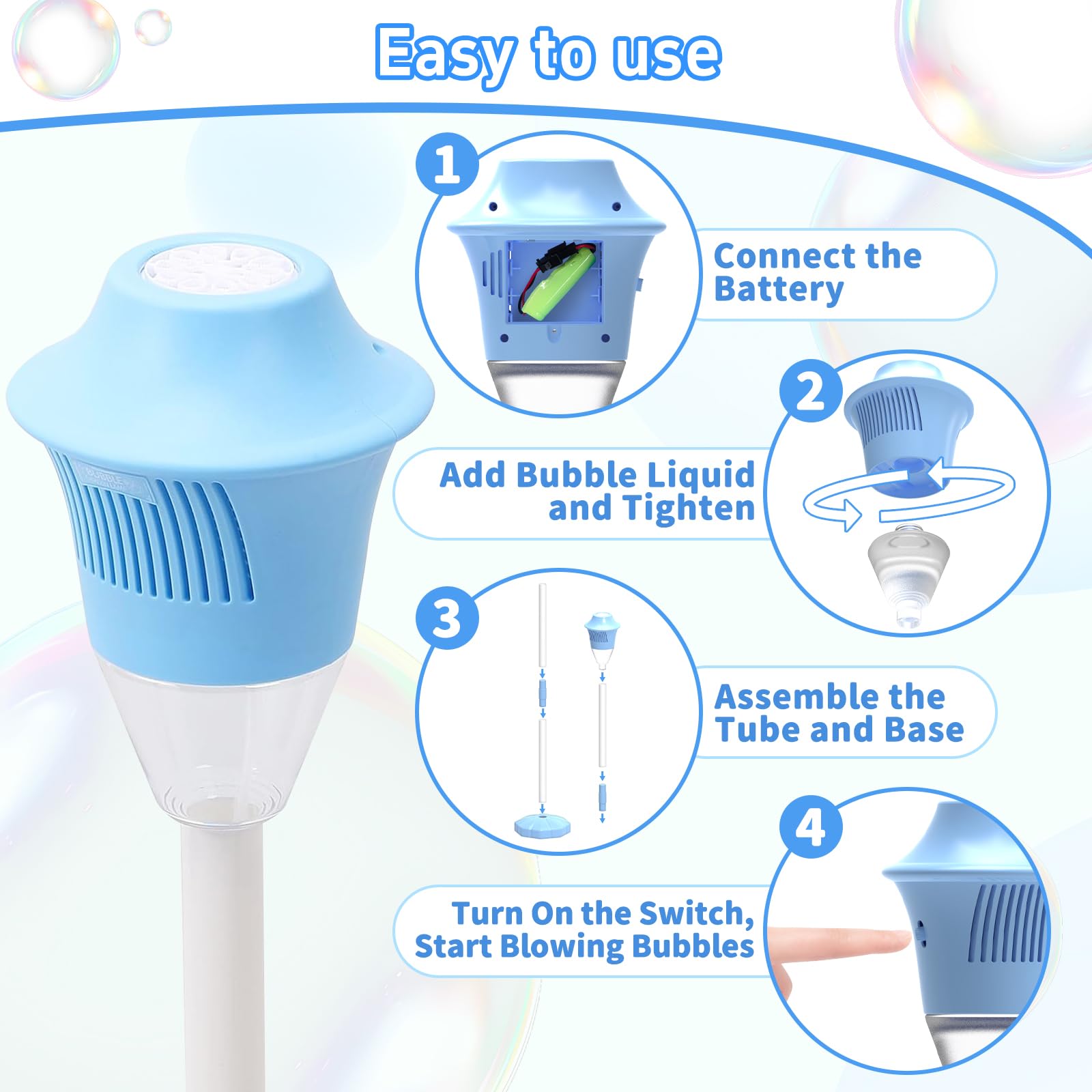 Infowush Bubble Machine with music and lights for lively ambience.
