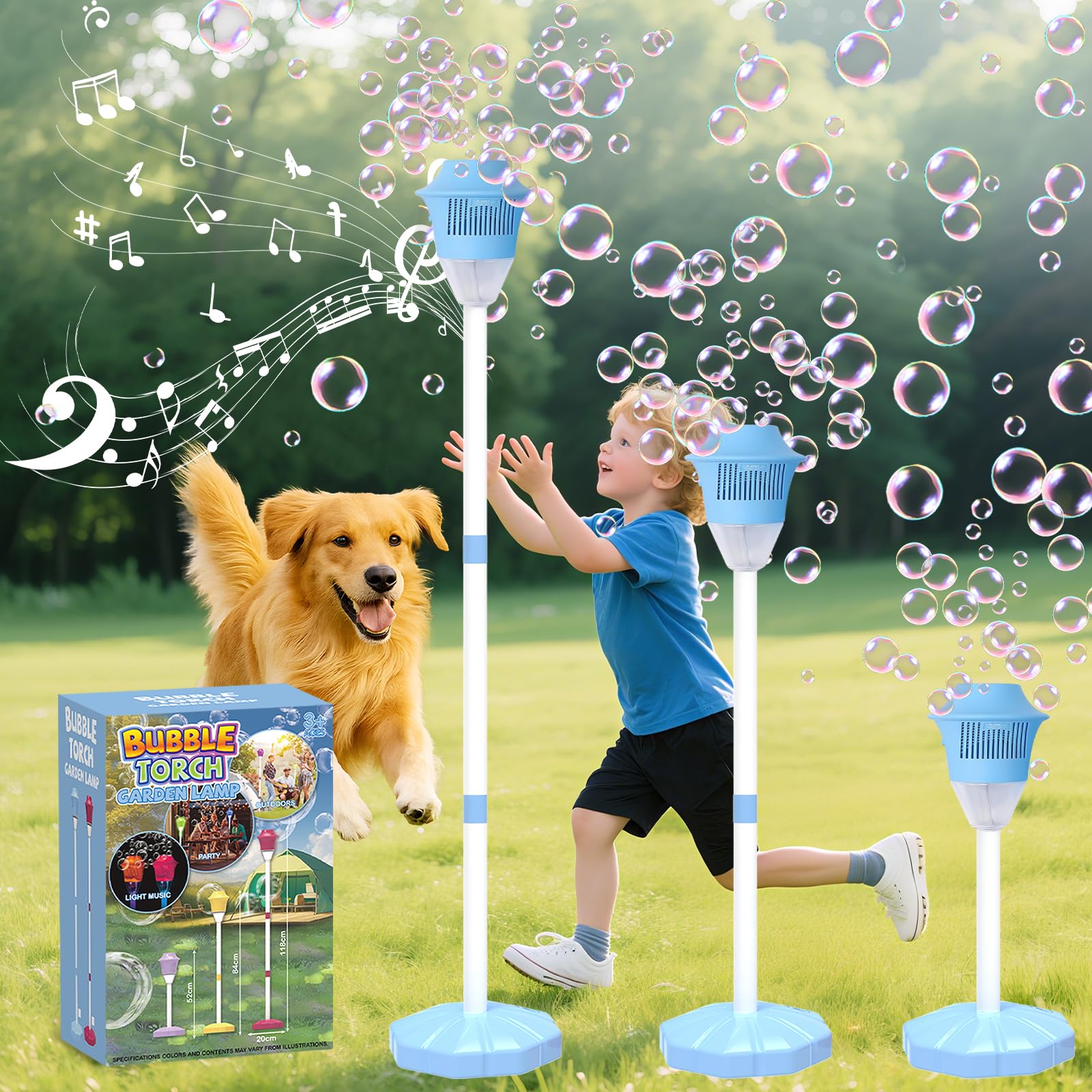 Infowush Bubble Machine shows vertical display for outdoor parties and tall bubble effects.