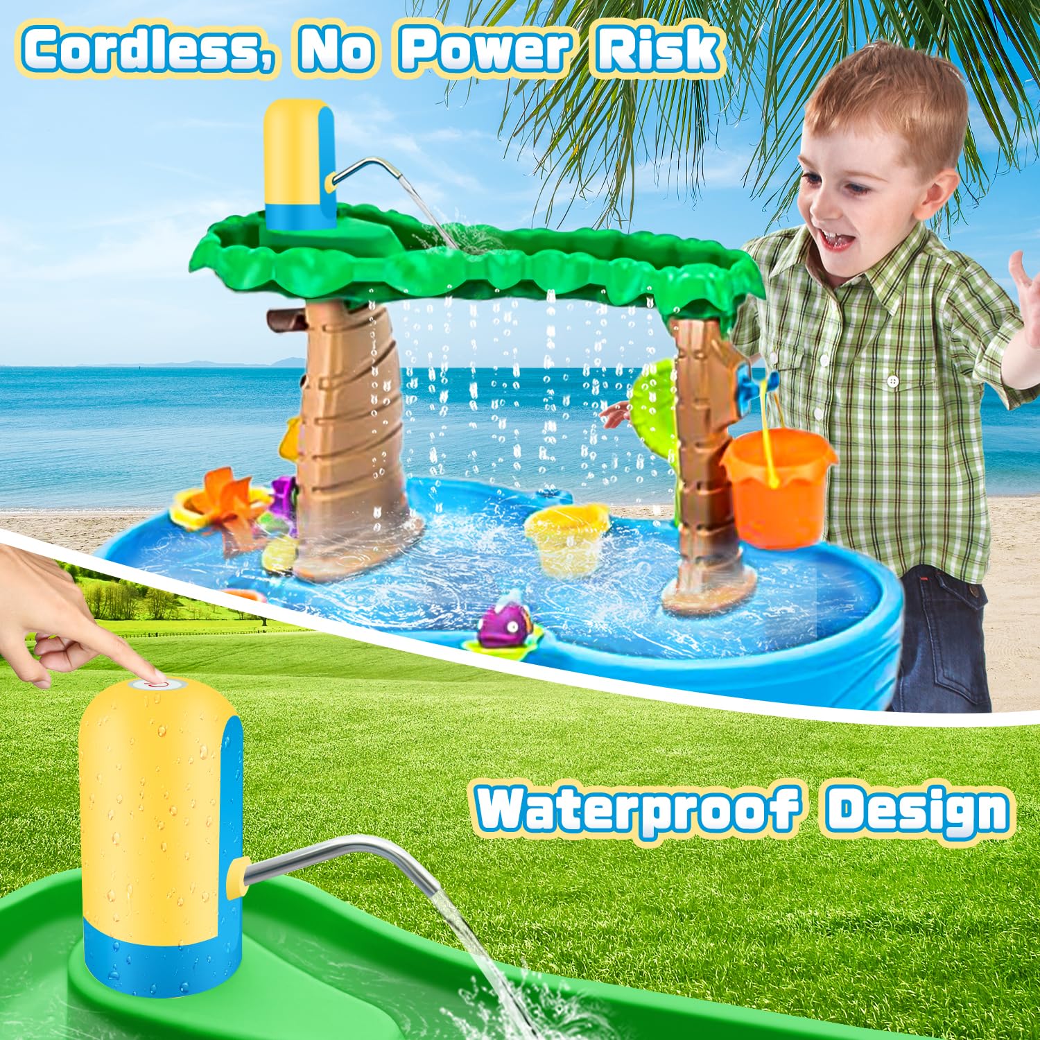 Infowush kids enjoy outdoor water table using a cordless pump.