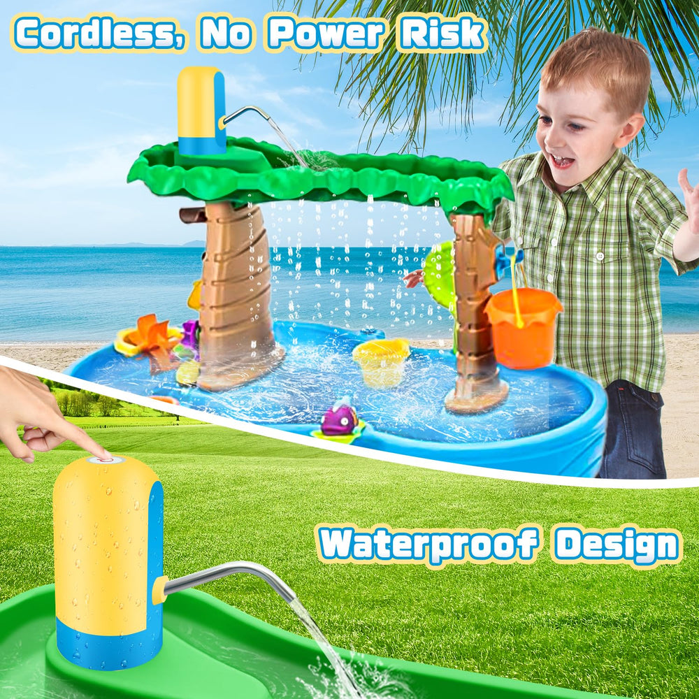 Infowush kids enjoy outdoor water table using a cordless pump.