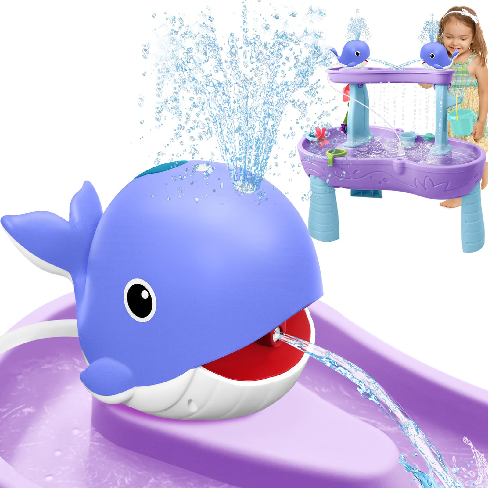 Infowush Whale Water Table Pump with top spray enhances outdoor play