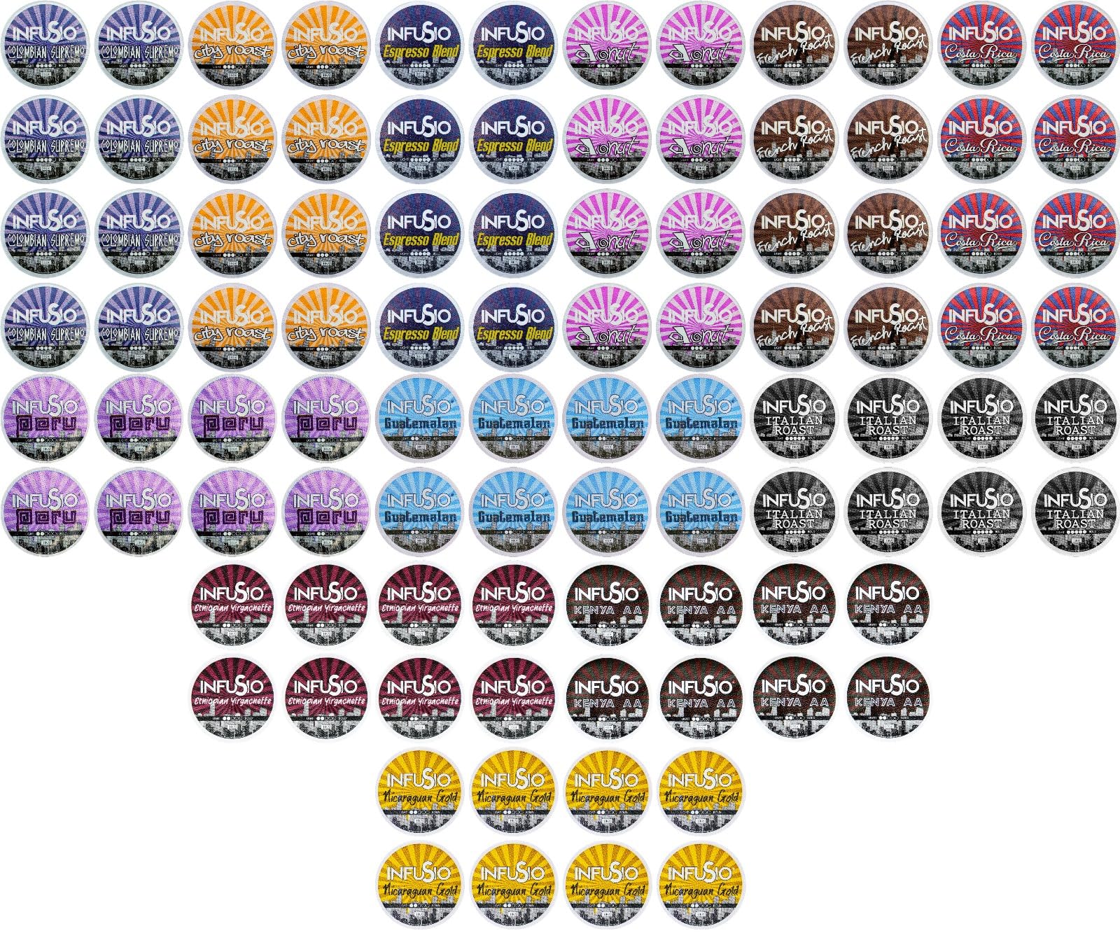 InfuSio variety pack 96 cups for Keurig brewers, broad flavor options.