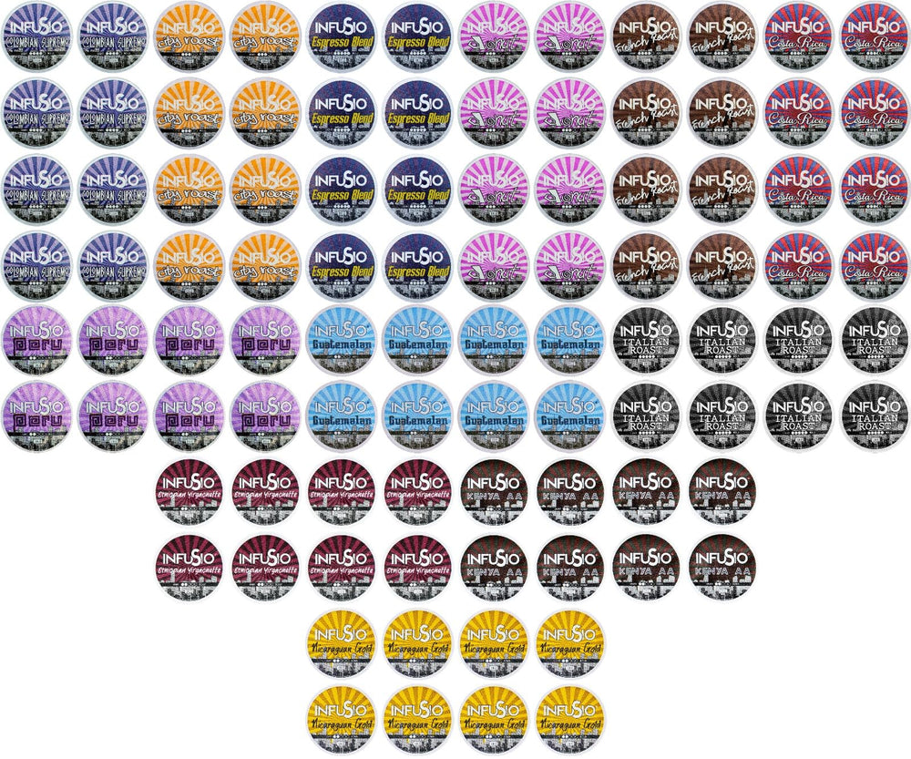 InfuSio variety pack 96 cups for Keurig brewers, broad flavor options.
