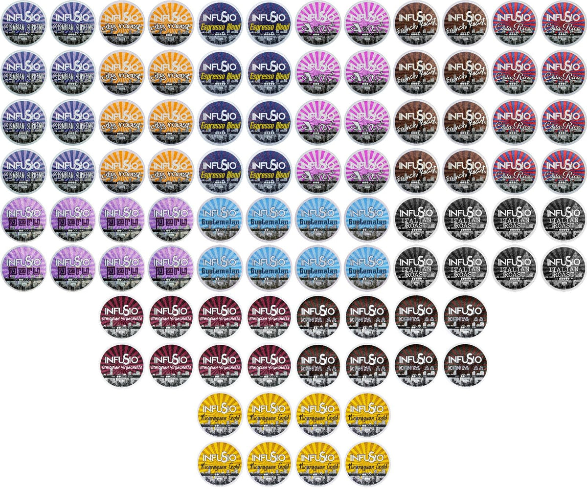 InfuSio variety pack 96 cups for Keurig brewers, broad flavor options.