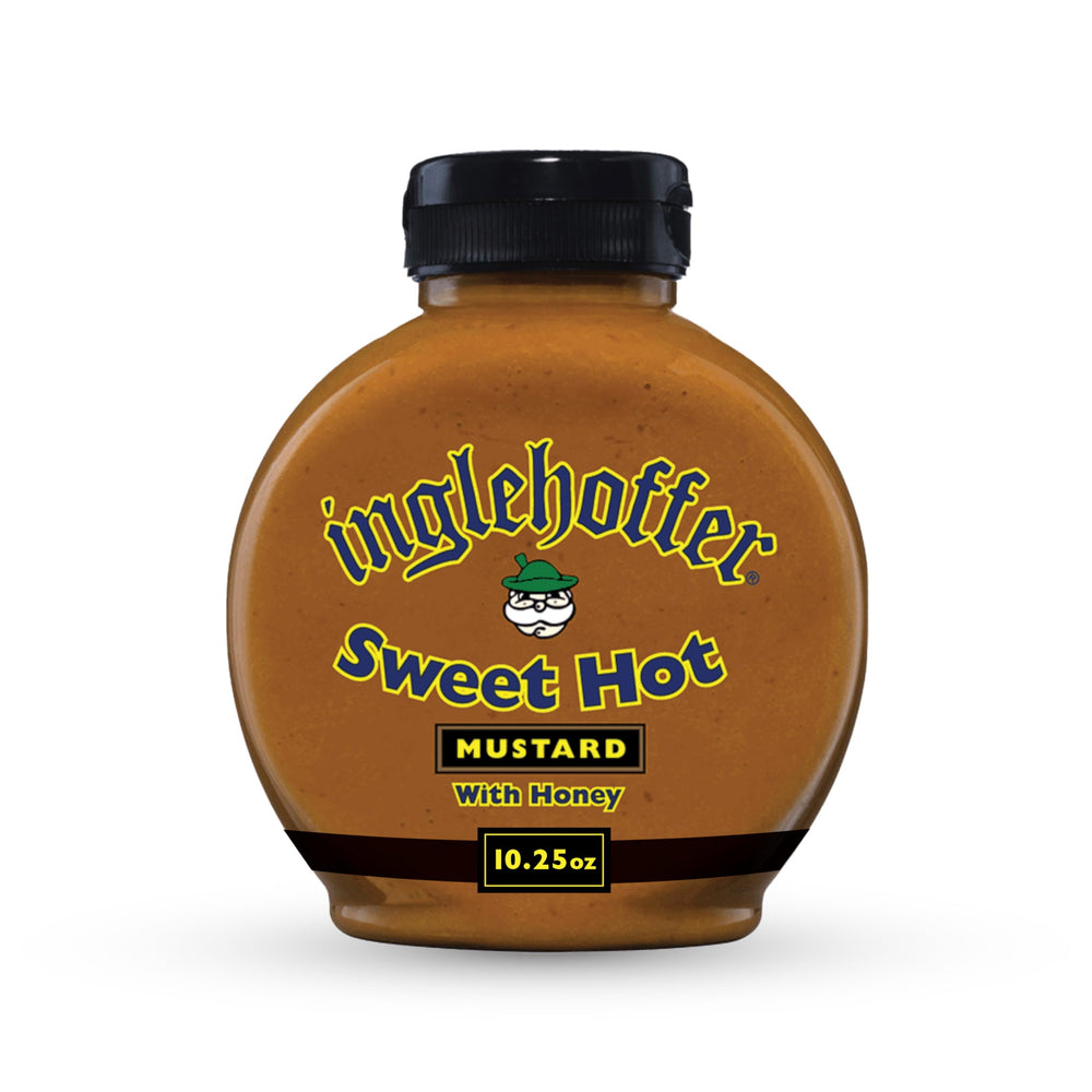 Inglehoffer Sweet Hot Mustard bottle showing bold honey-sweet heat for sandwiches
