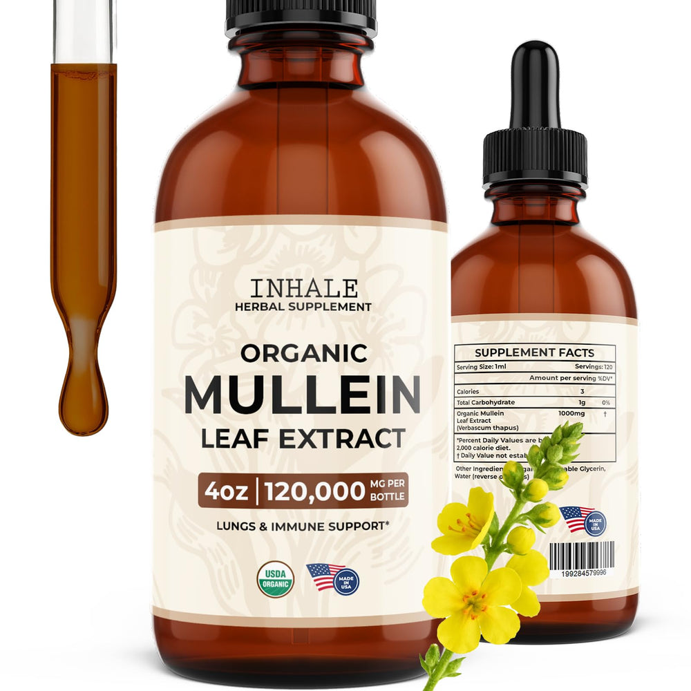 Inhale Mullein Drops bottle showing the USDA Organic tincture for daily respiratory support