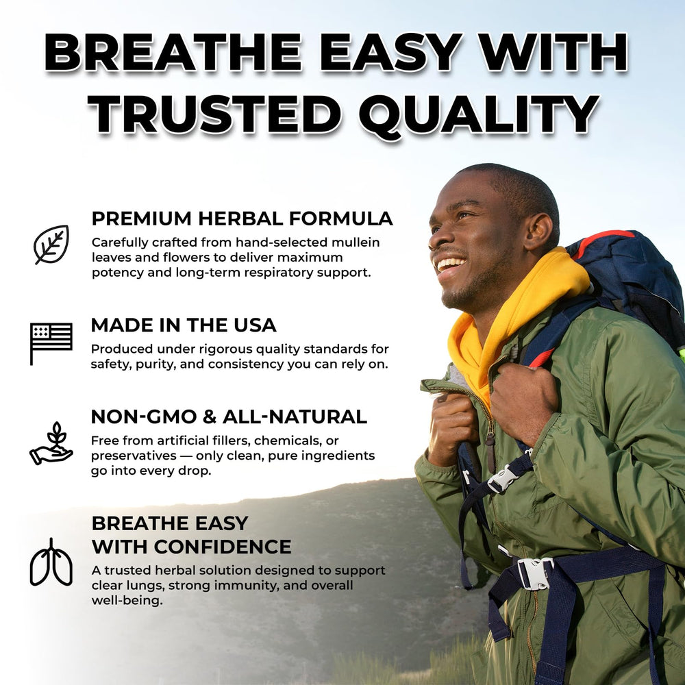 Inhale Mullein Drops label emphasizing organic certification and alcohol-free formula