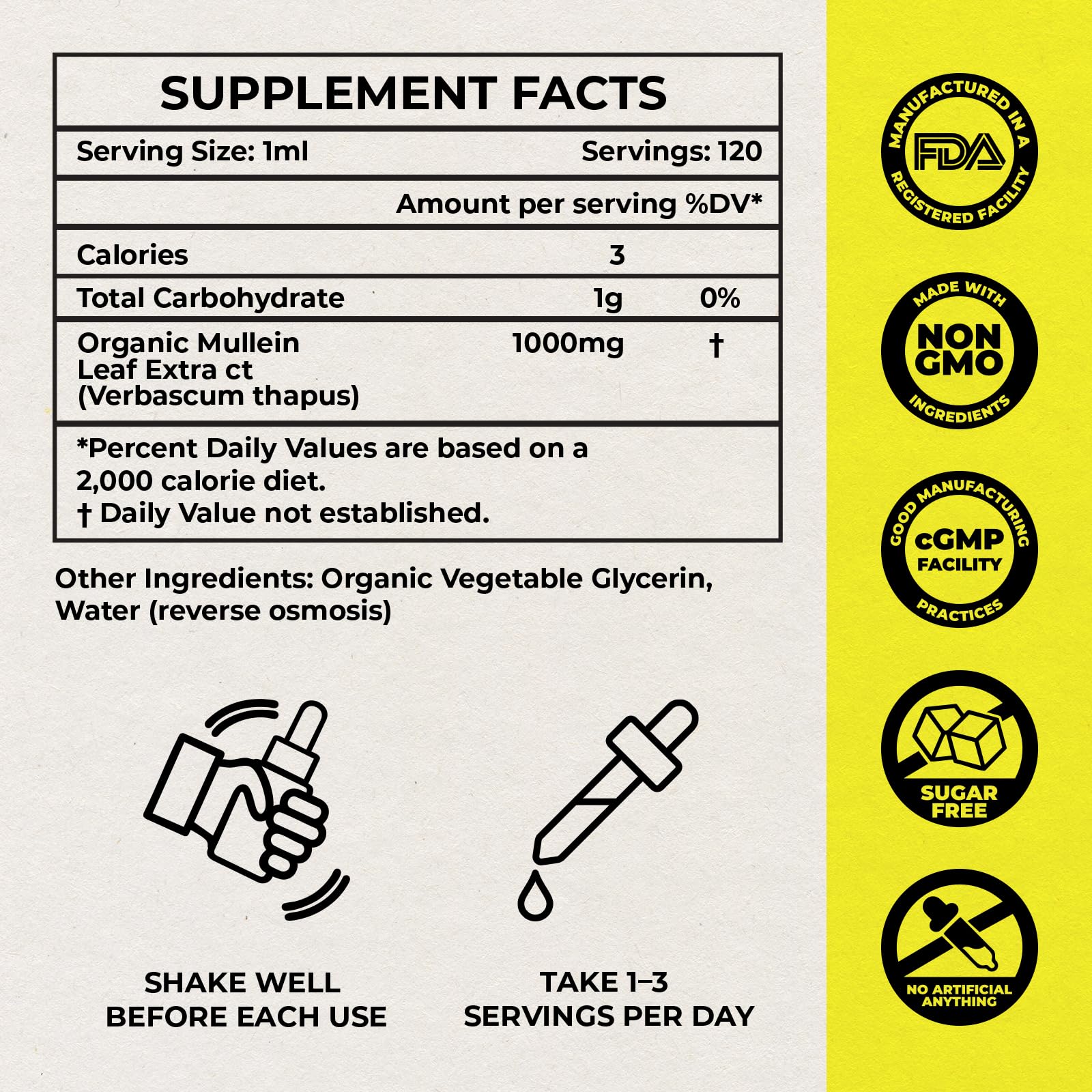 Inhale Mullein Drops packaging highlighting USA-made production and testing