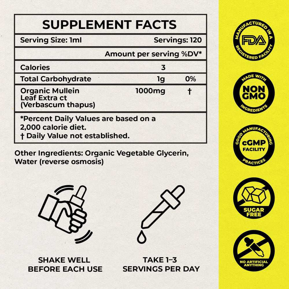 Inhale Mullein Drops packaging highlighting USA-made production and testing