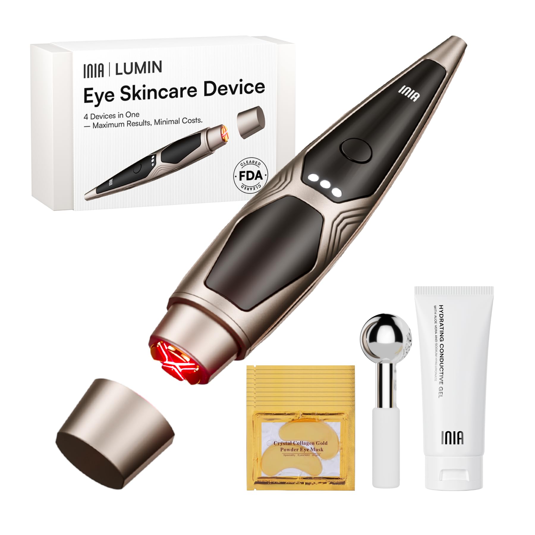 INIA 4-in-1 eye massager with red light therapy for a refreshed eye area