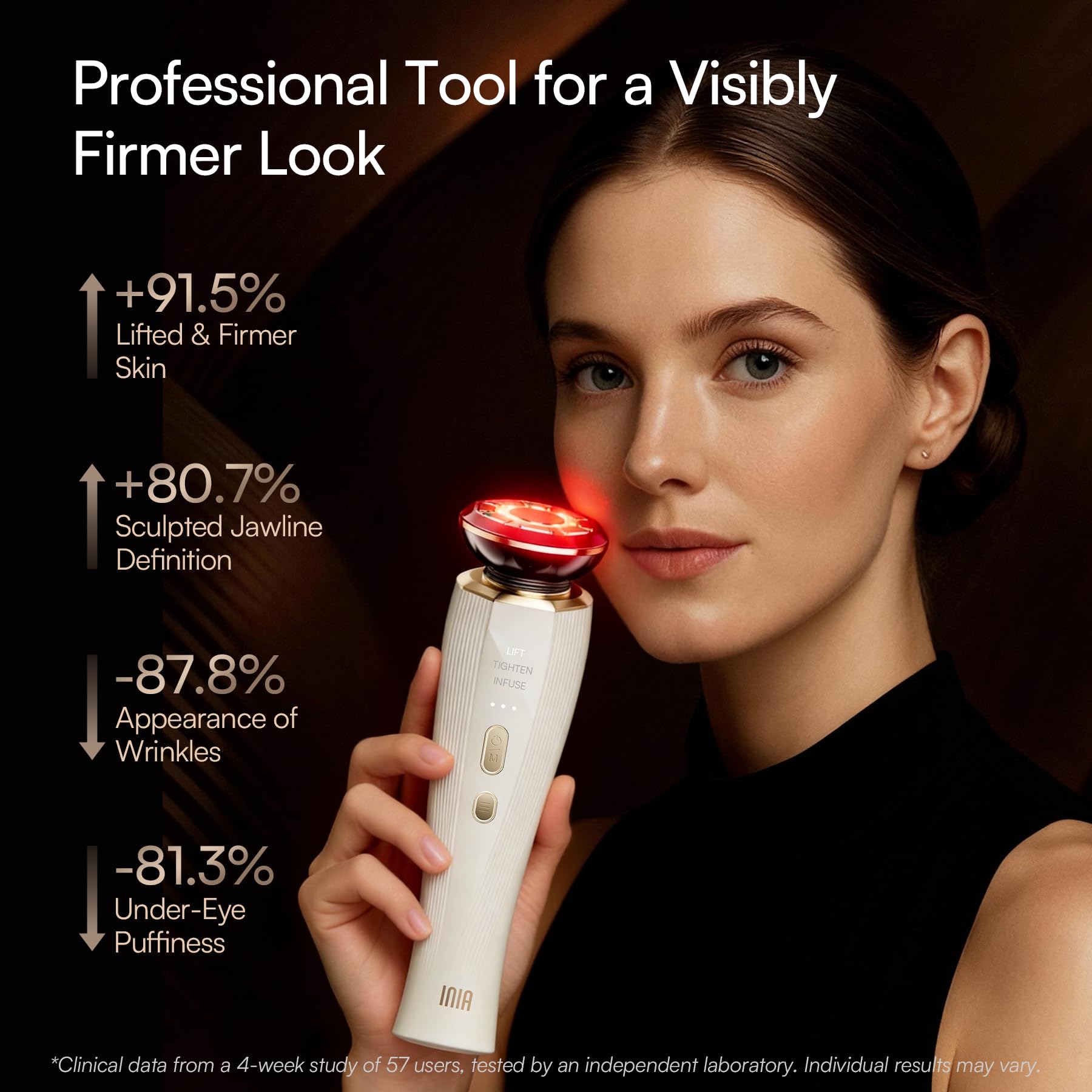 INIA Flare red light close-up shows soothing LED therapy.