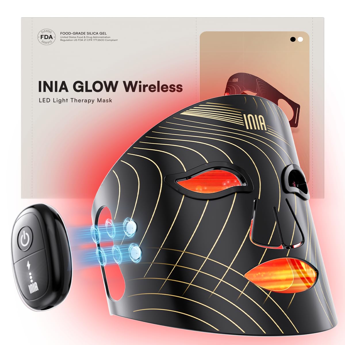 INIA Glow Mask with wireless battery for cordless skincare at home or travel.
