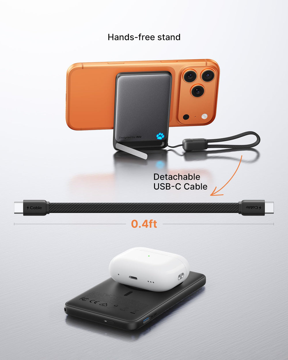 INIU 20W PD wired charging with GoCord lanyard for quick top-ups.