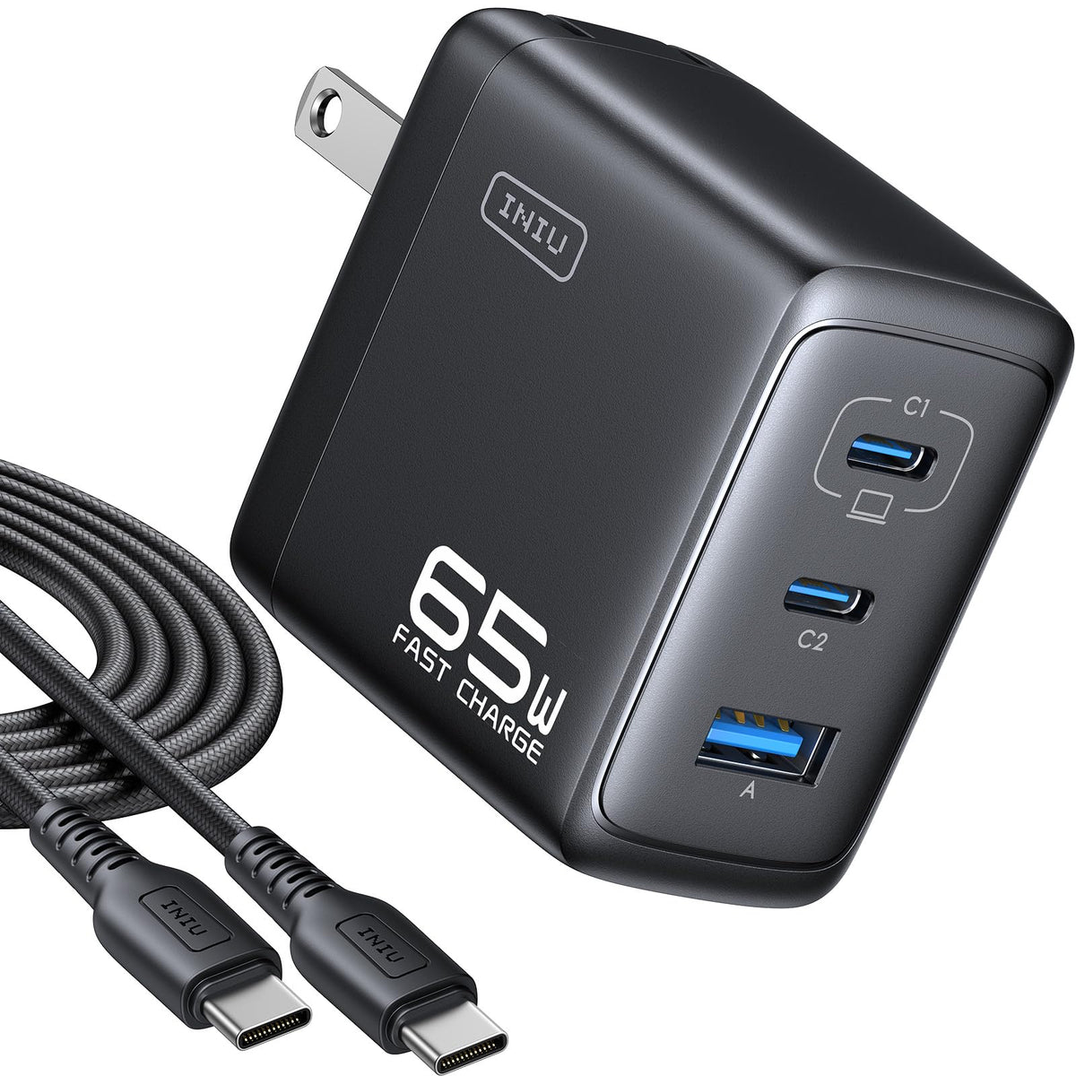 INIU 65W 3-Port charger front view for fast charging on the go
