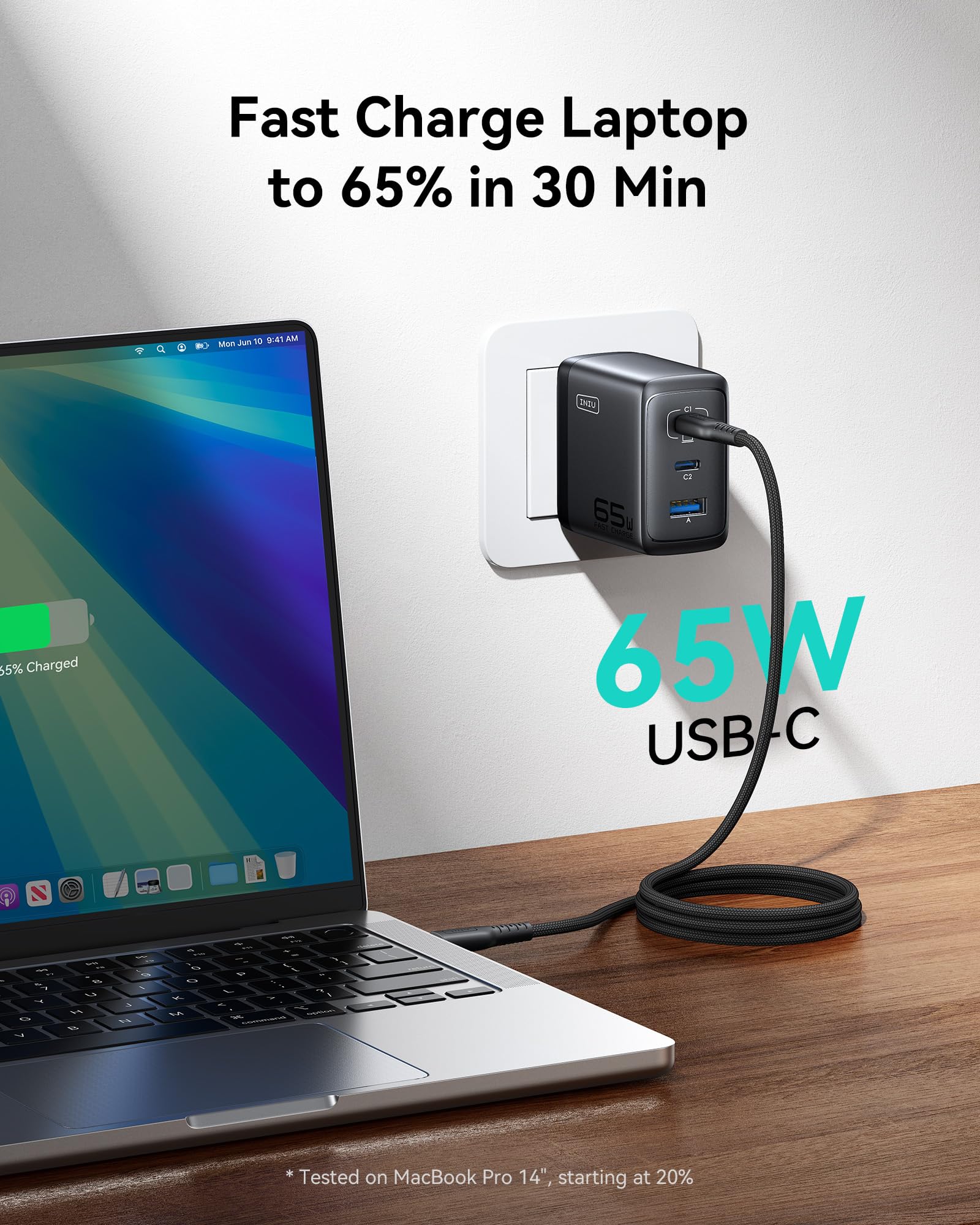 INIU 65W charger ports close-up showing USB-C ports for simultaneous charging