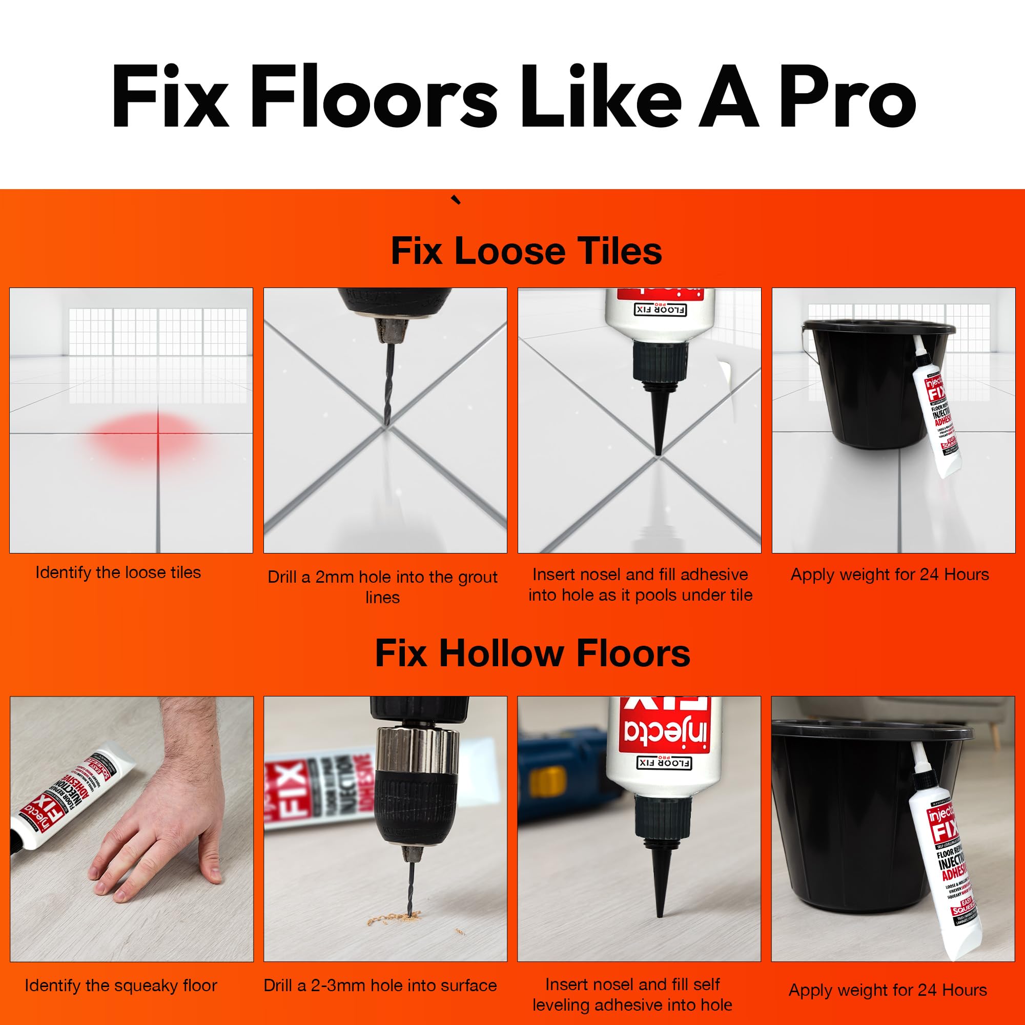 Applying adhesive to fill hollow gaps beneath loose tiles