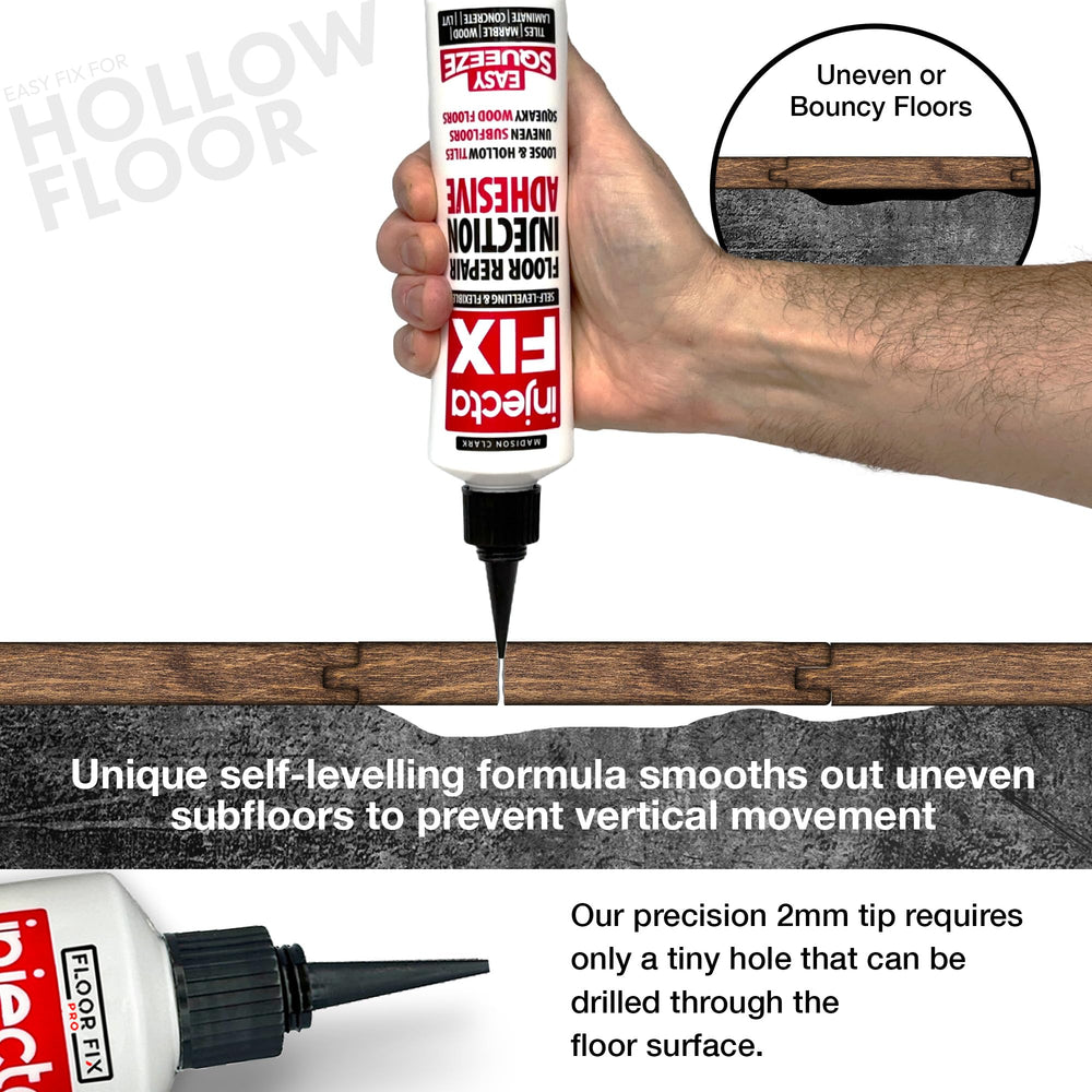 Squeaky wood repair demonstrated on floorboards with Floor-Fix Pro