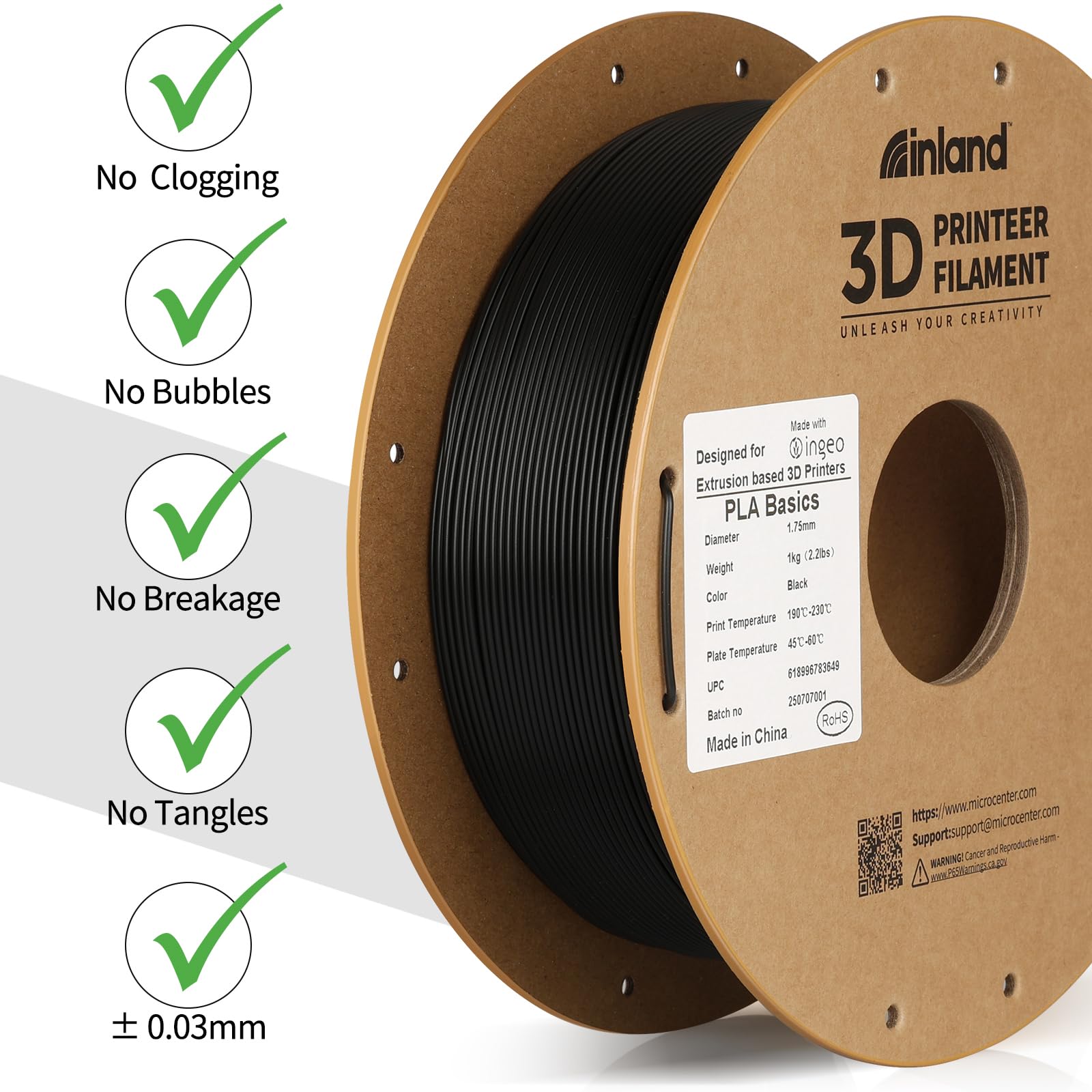 INLAND PLA Basics neatly wound spool reduces tangles during long prints.