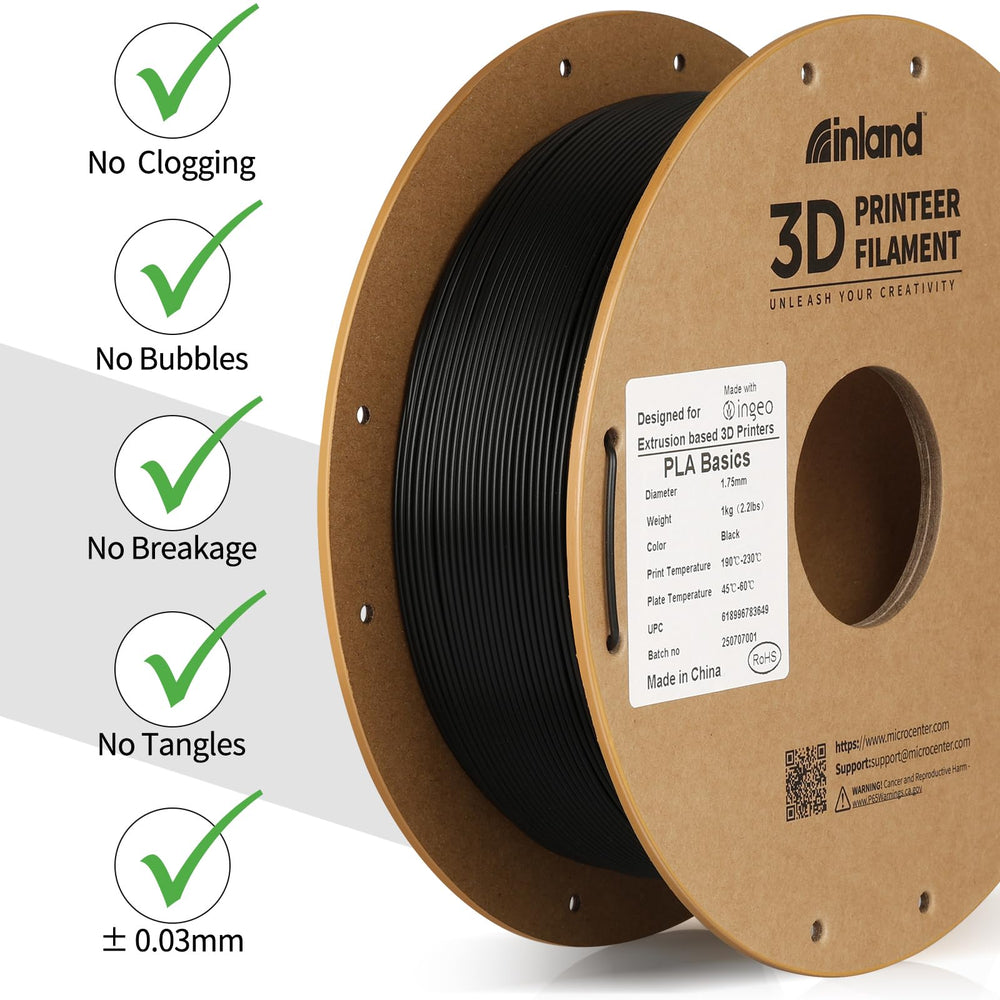 INLAND PLA Basics neatly wound spool reduces tangles during long prints.