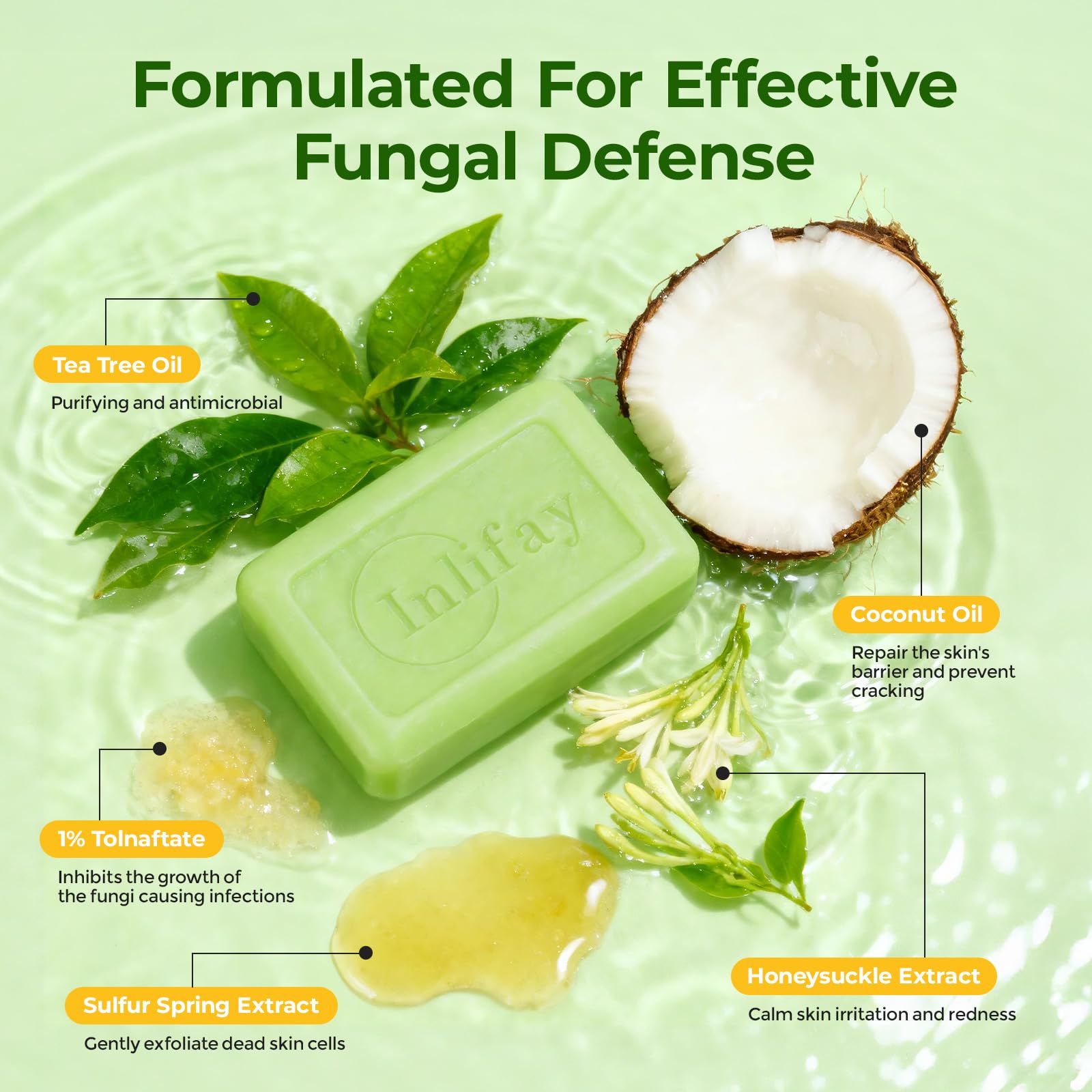 Inlifay antifungal soap bar close-up with tea tree oil shows natural ingredients for skin wellness