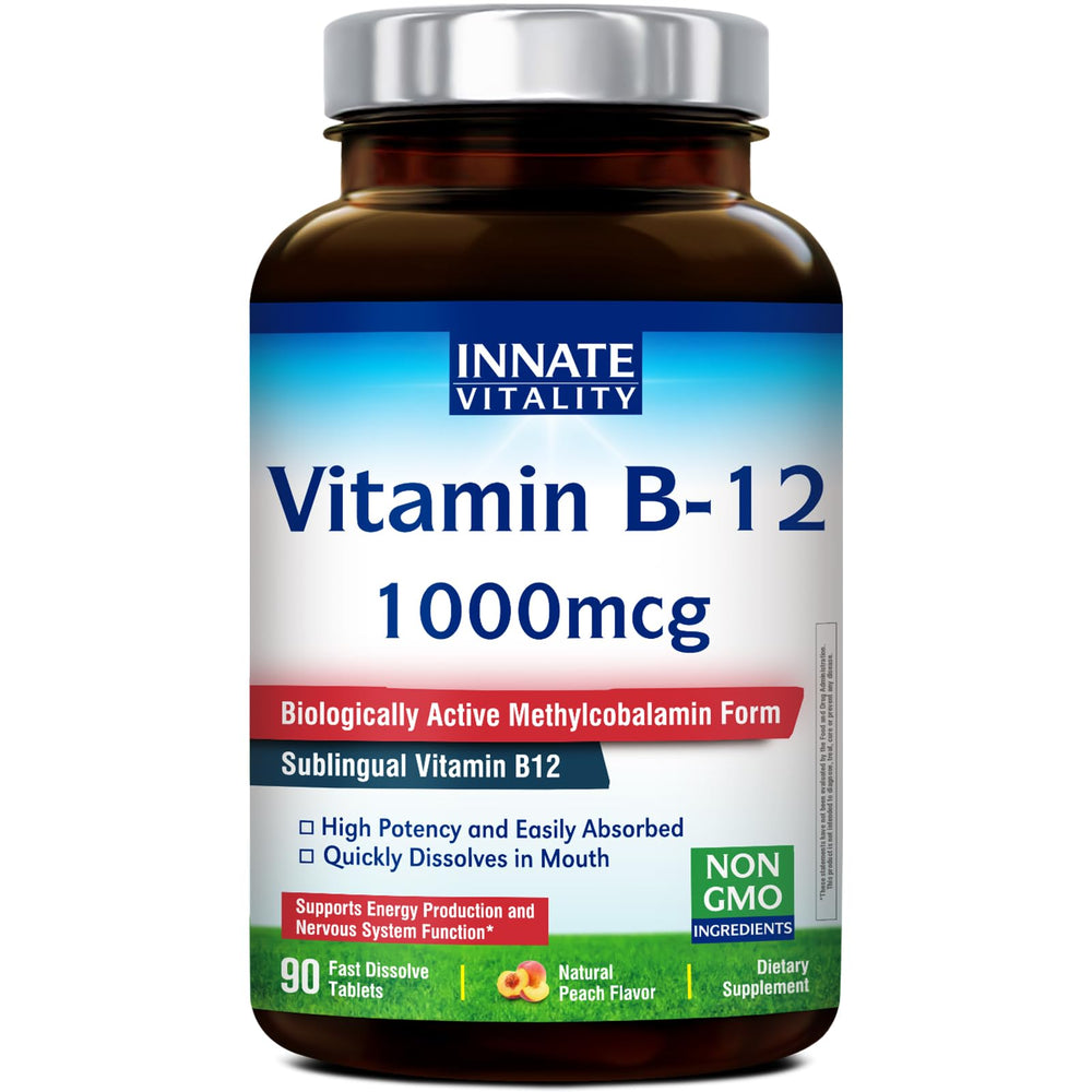 Innate Vitality B12 peach-flavored sublingual tablet dissolves quickly for daily use