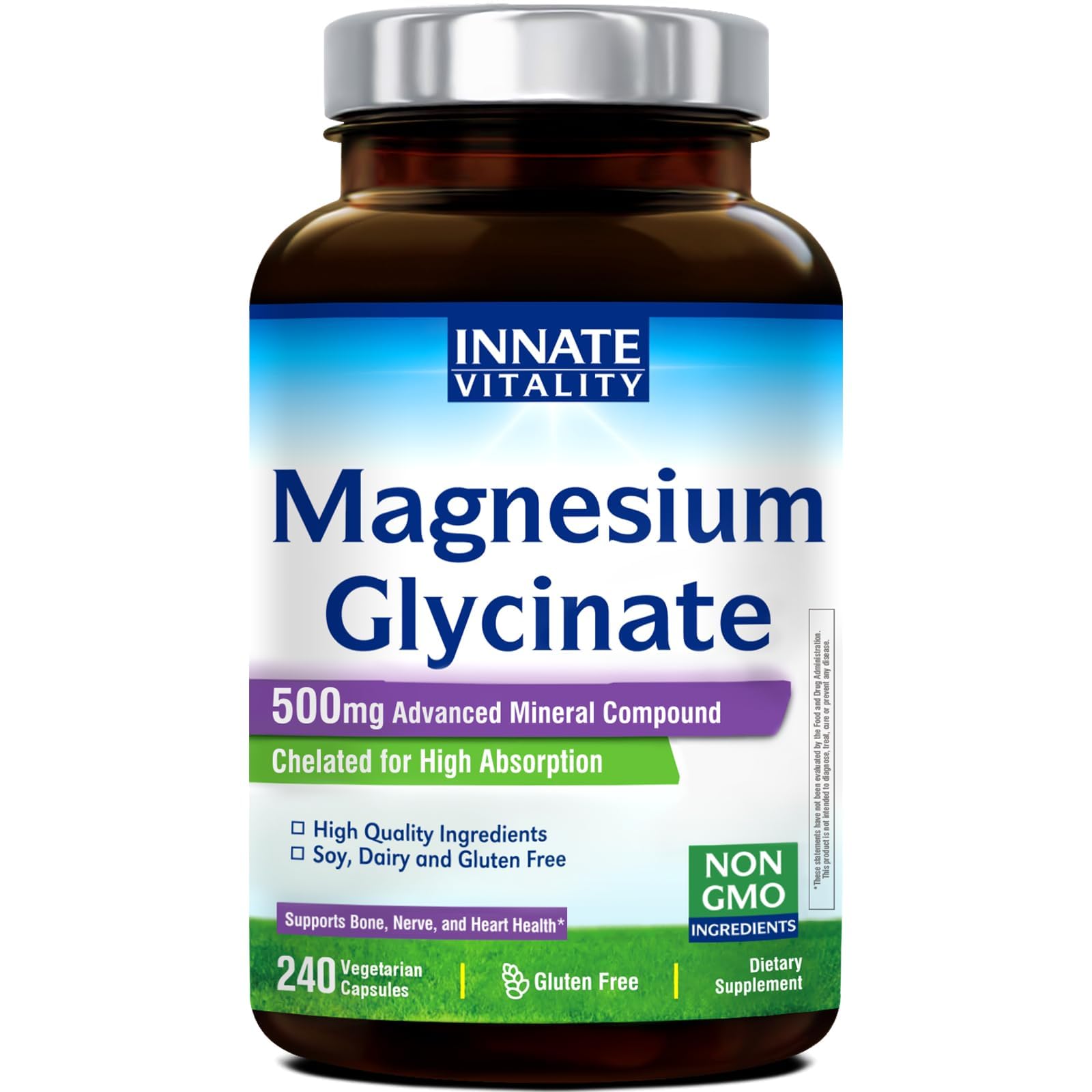 Innate Vitality Magnesium Glycinate bottle highlighting high absorption formula.