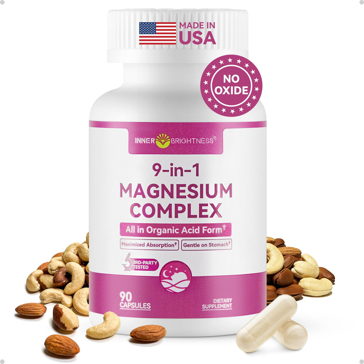 Inner Brightness 9-in-1 magnesium capsules in bottle for easy daily support