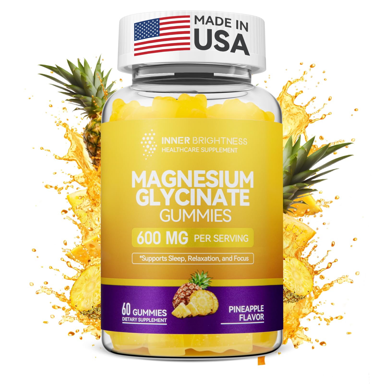 Inner Brightness Magnesium Glycinate Gummies bottle in pineapple flavor for restful evenings.
