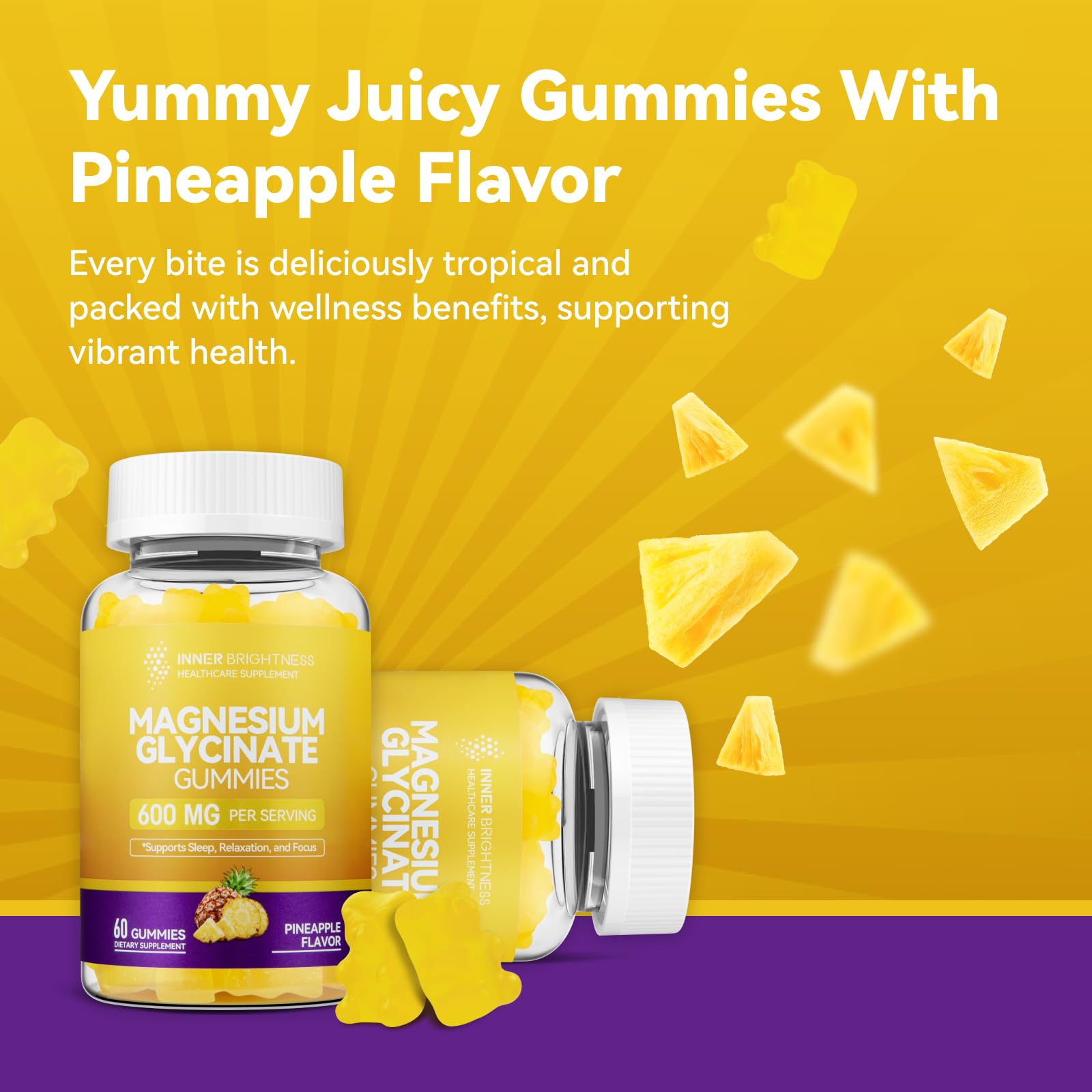 Spoon-dosed serving of Inner Brightness gummies illustrates simple daily dosing.