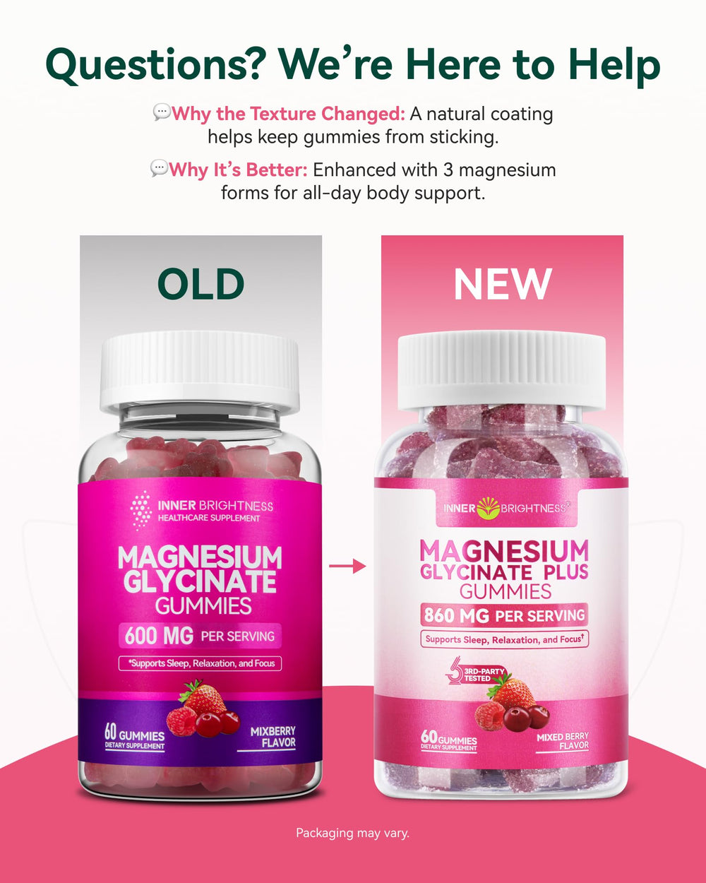 Inner Brightness gummies berry close-up highlighting sugar-free, tasty magnesium.