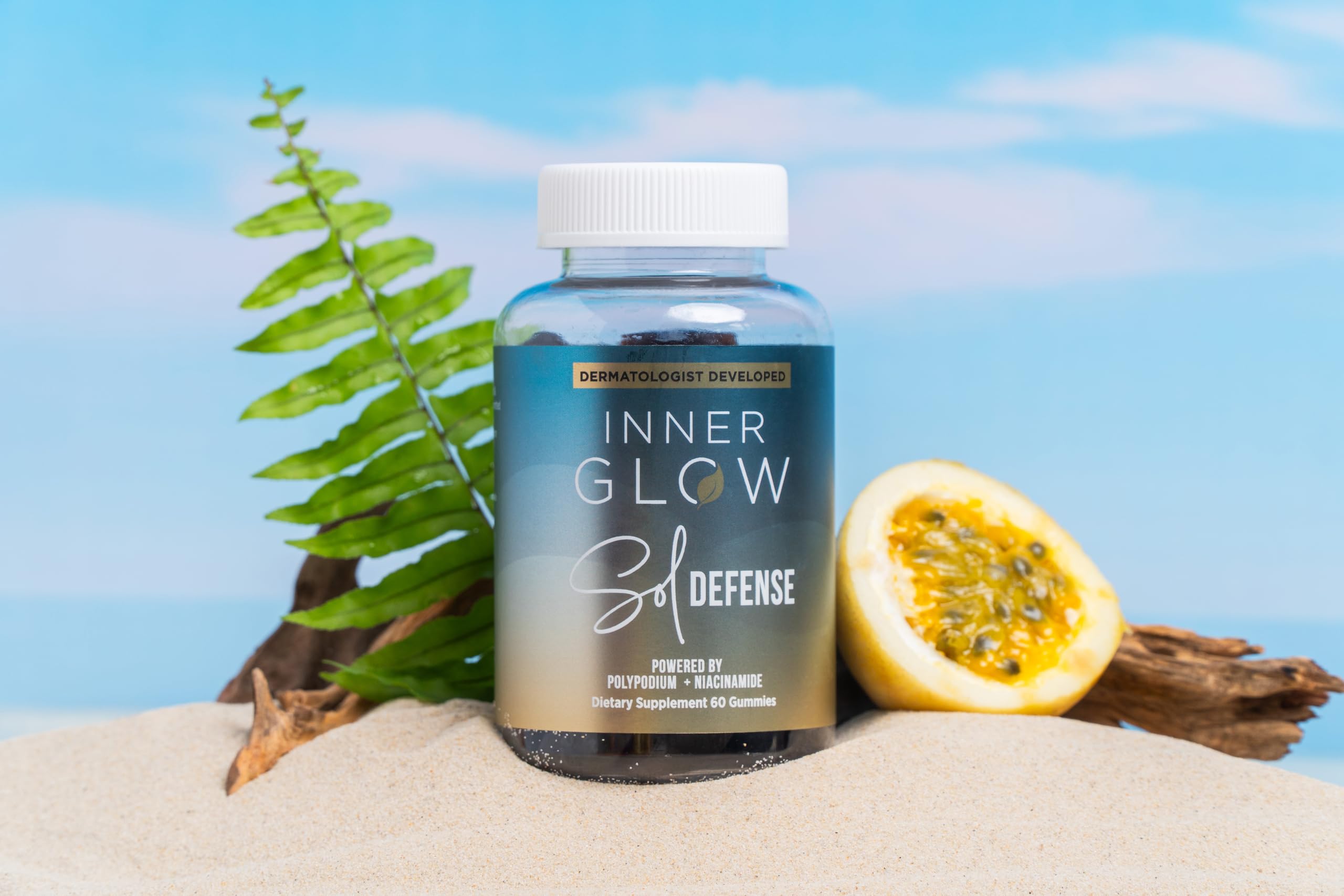 Inner Glow Sol Defense Gummies plant-based formula highlighted for clean ingredients.