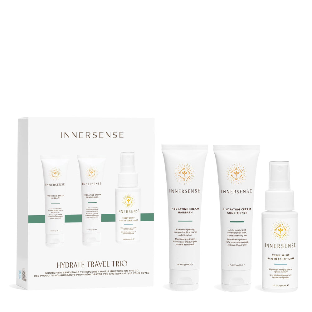 INNERSENSE Hydrating Travel Trio bottle pour shows sulfate-free cleansing with moisture restoration.