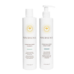 INNERSENSE natural-hydrating-hairbath-shampoo-bottle demonstrates creamy hydration for dry hair.