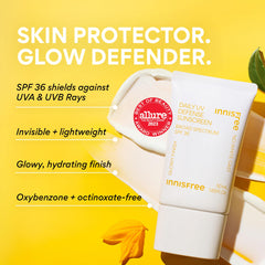 Innisfree Daily UV Defense SPF 36 close-up label highlights broad spectrum protection.