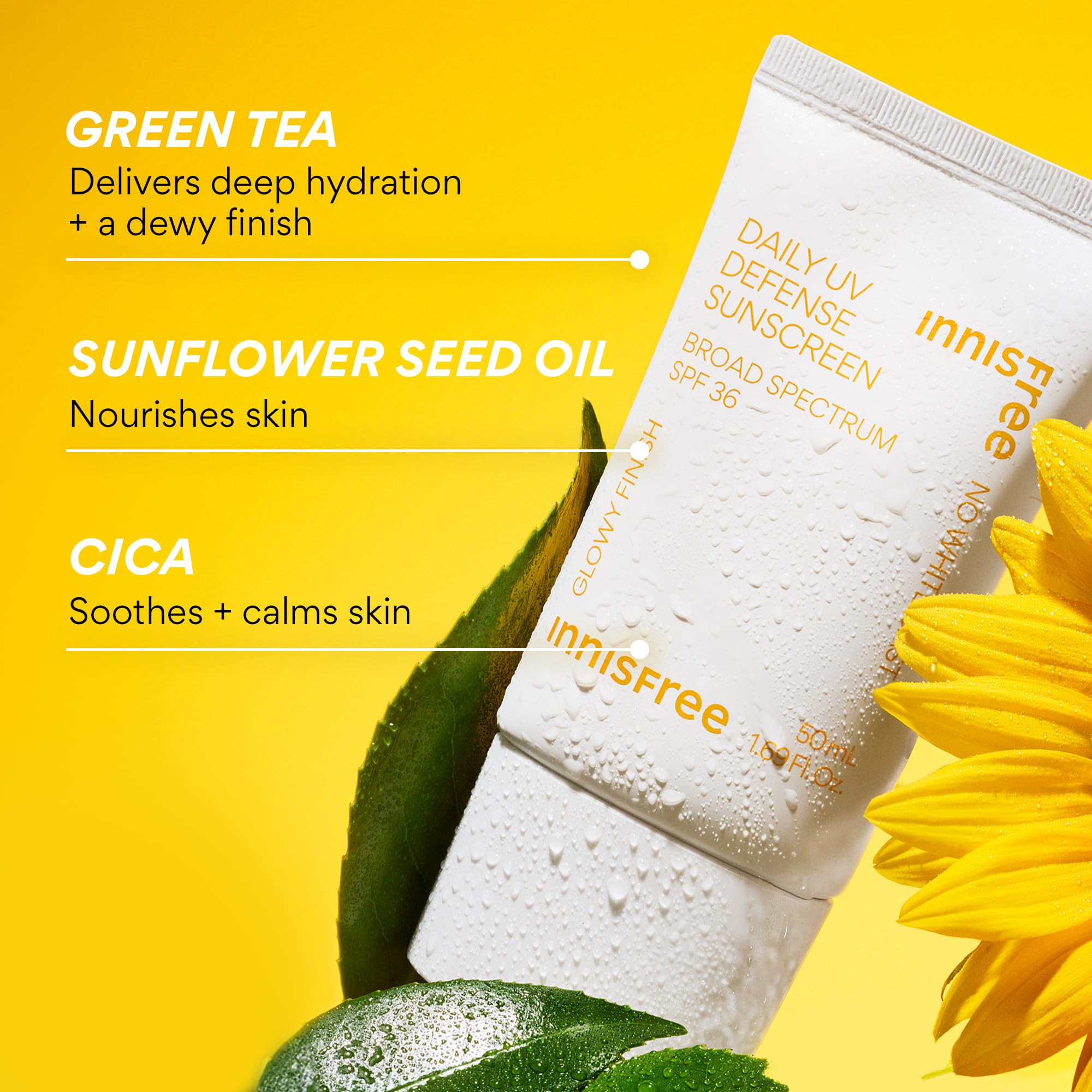 Innisfree Daily UV Defense SPF 36 sunflower oil illustration suggests nourishing moisture.