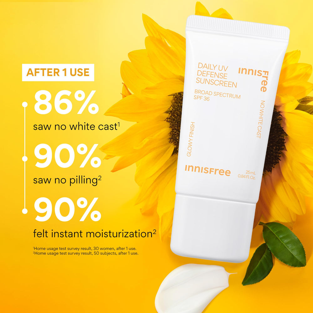 Innisfree Daily UV Defense SPF 36 texture on hand reveals a lightweight, non-greasy application.