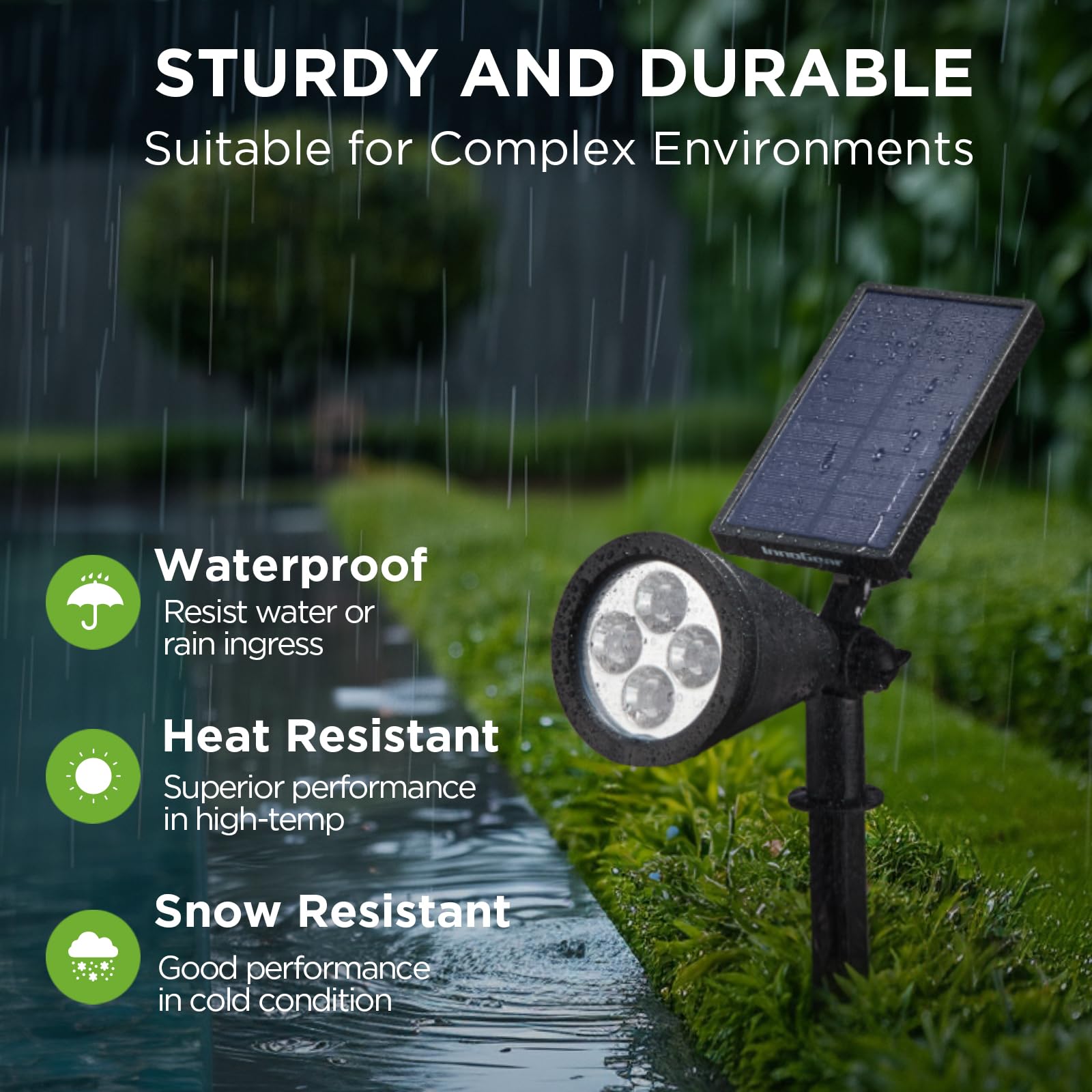InnoGear weatherproof solar lights endure rain and sun for lasting outdoor use.