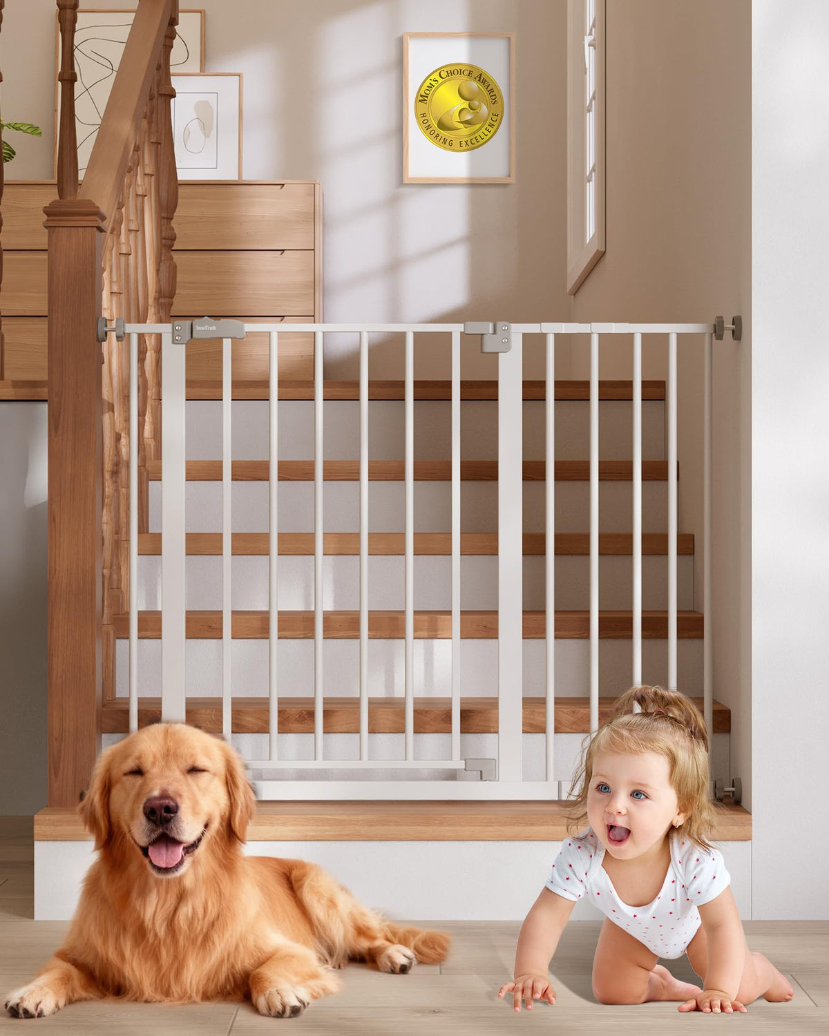 InnoTruth pressure mount gate demonstrates renter-friendly stairs safety.