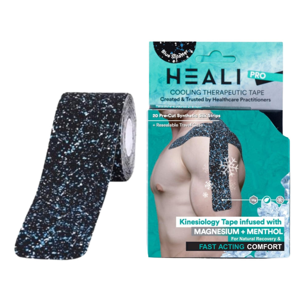 INNOVATIONS BY HEALI kinesiology tape blue splatter roll for muscle and joint support during activity
