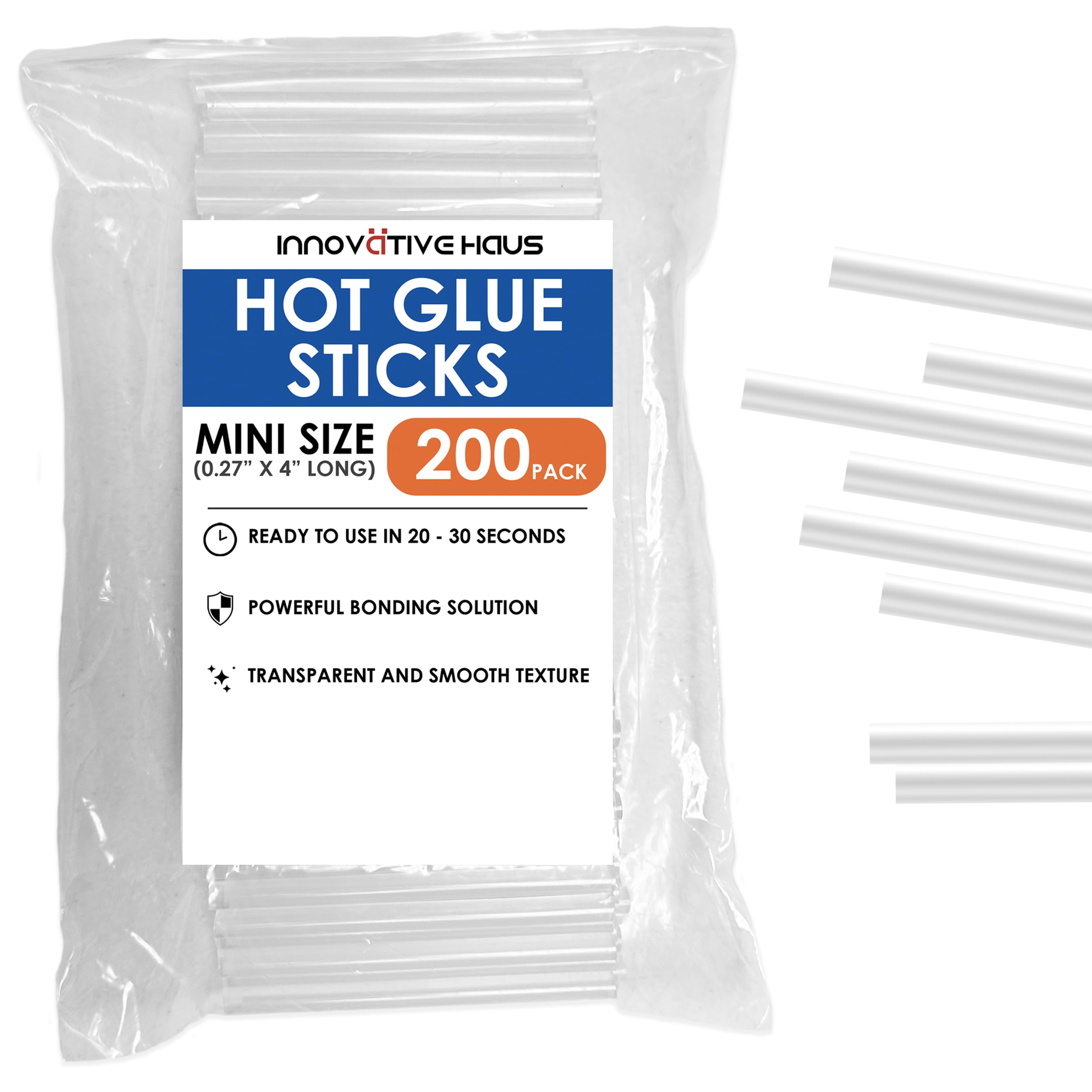 Innovative Haus mini glue sticks—transparent close-up, fast-setting bonding for crafts and repairs.