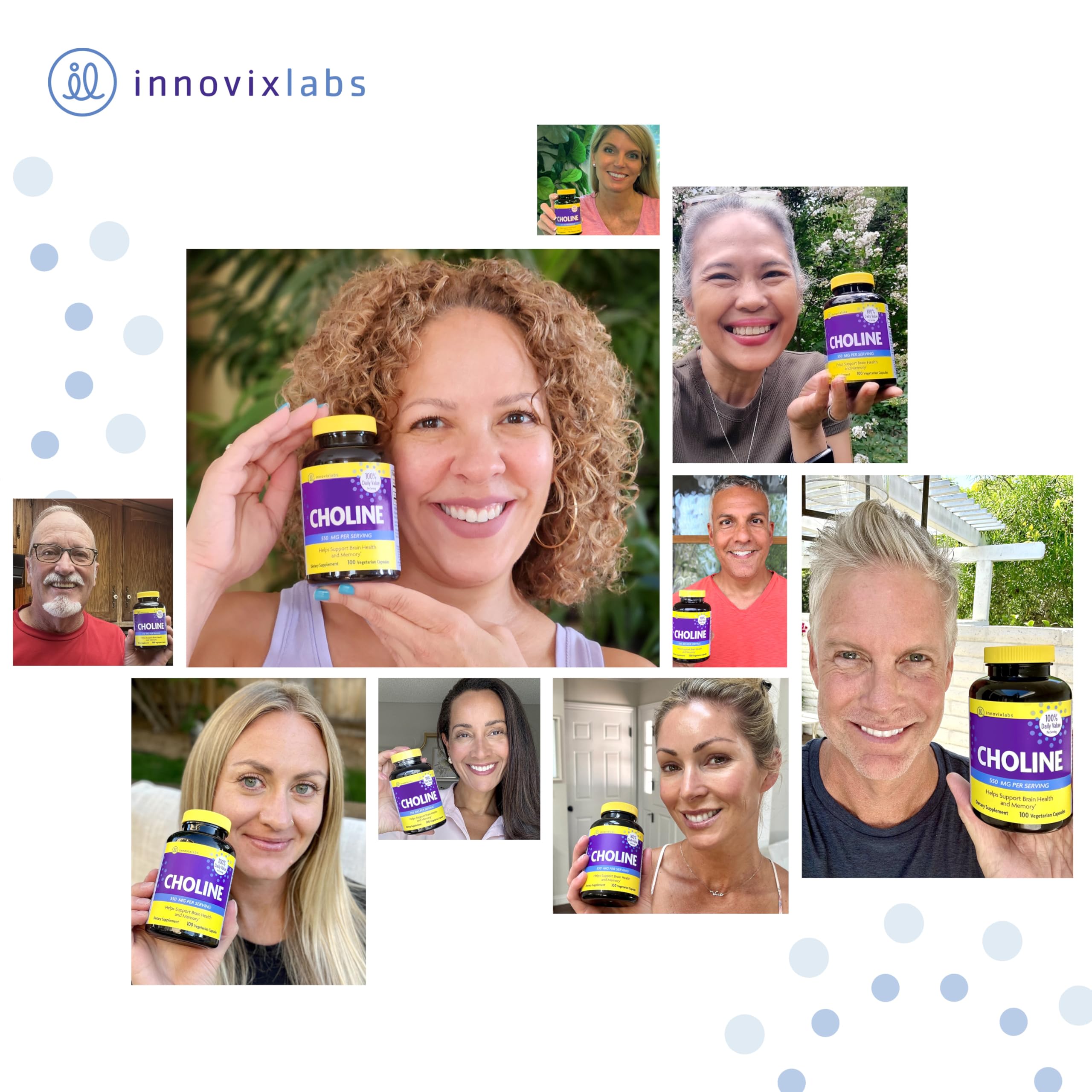 InnovixLabs Choline capsules in hand for portable cognitive support during tasks.