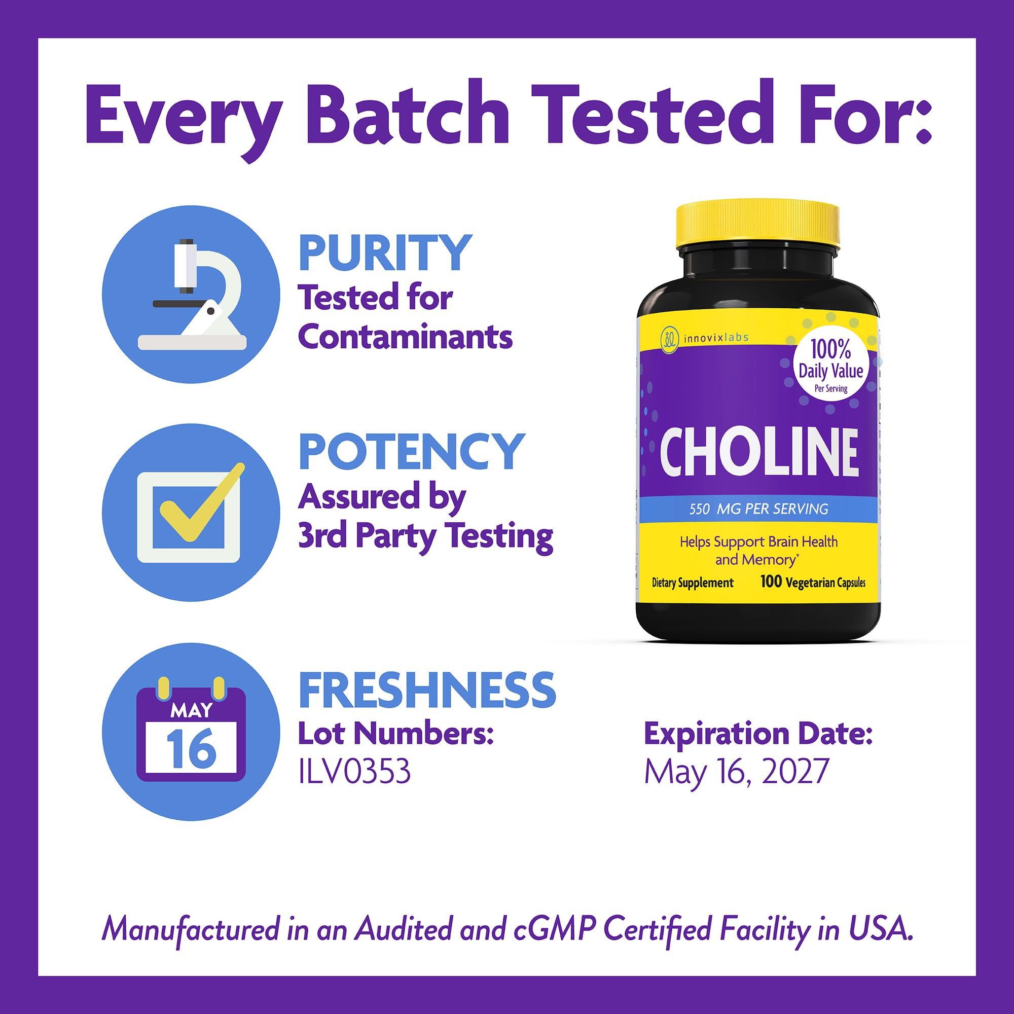 InnovixLabs Choline packaging box with 100 capsules per bottle.