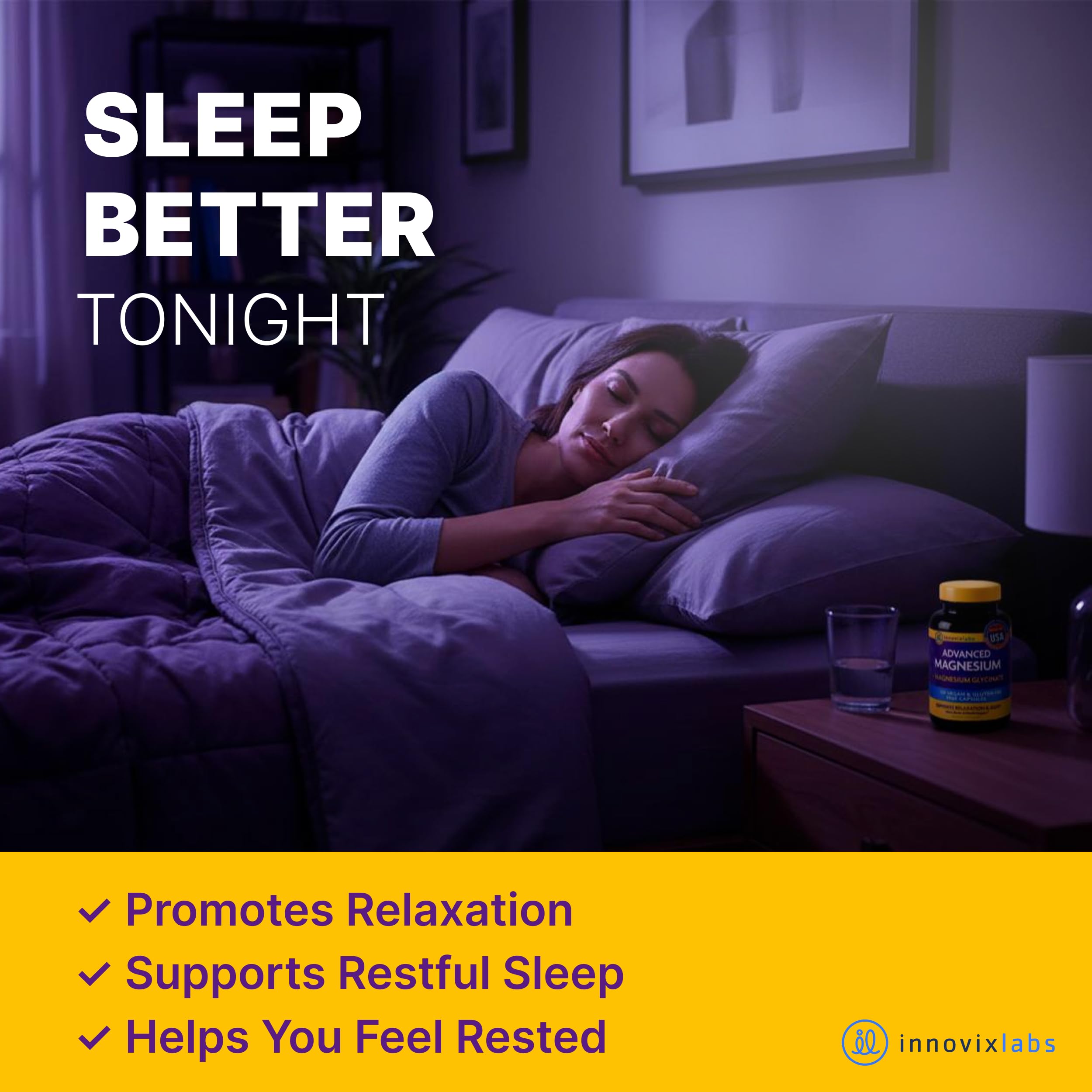 InnovixLabs magnesium capsules bottle on nightstand suggesting a bedtime routine