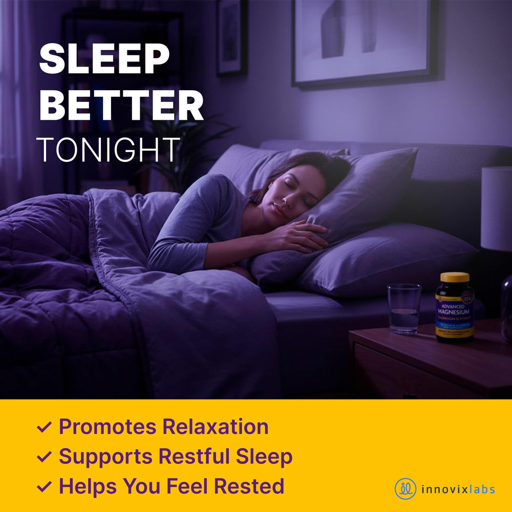 InnovixLabs magnesium capsules bottle on nightstand suggesting a bedtime routine