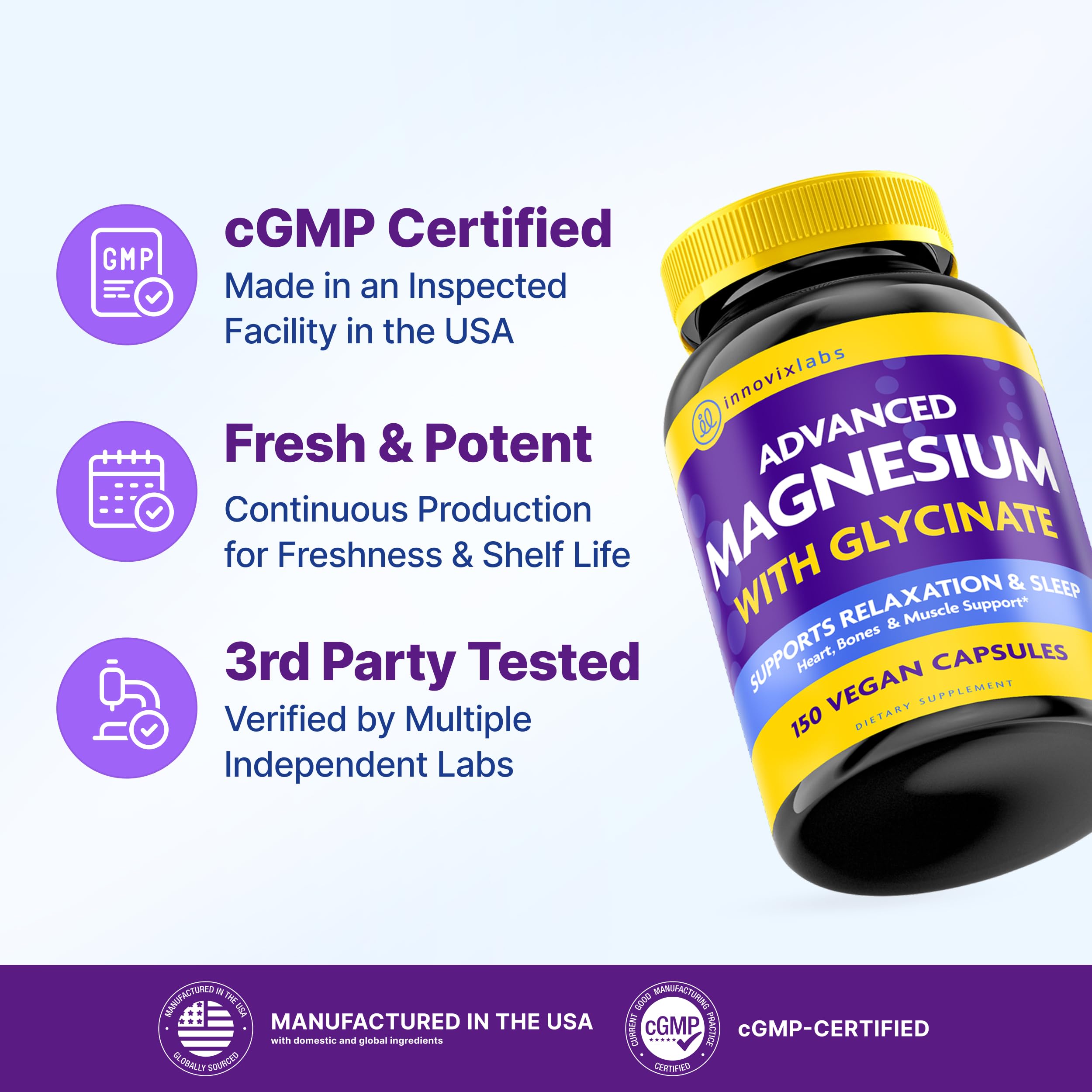InnovixLabs magnesium capsules close-up showing small easy-to-swallow capsules