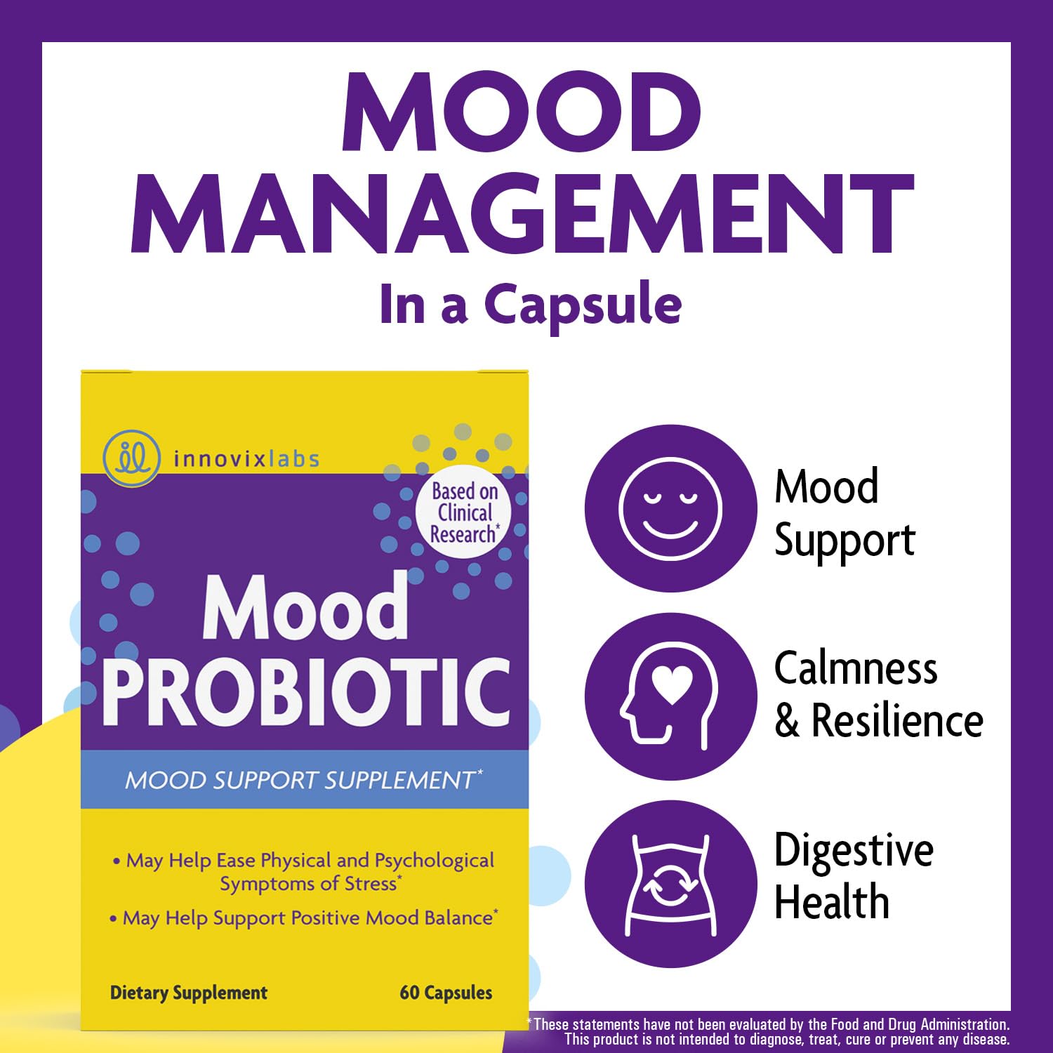 InnovixLabs Mood Probiotic capsules close-up showing active cultures for gut balance.