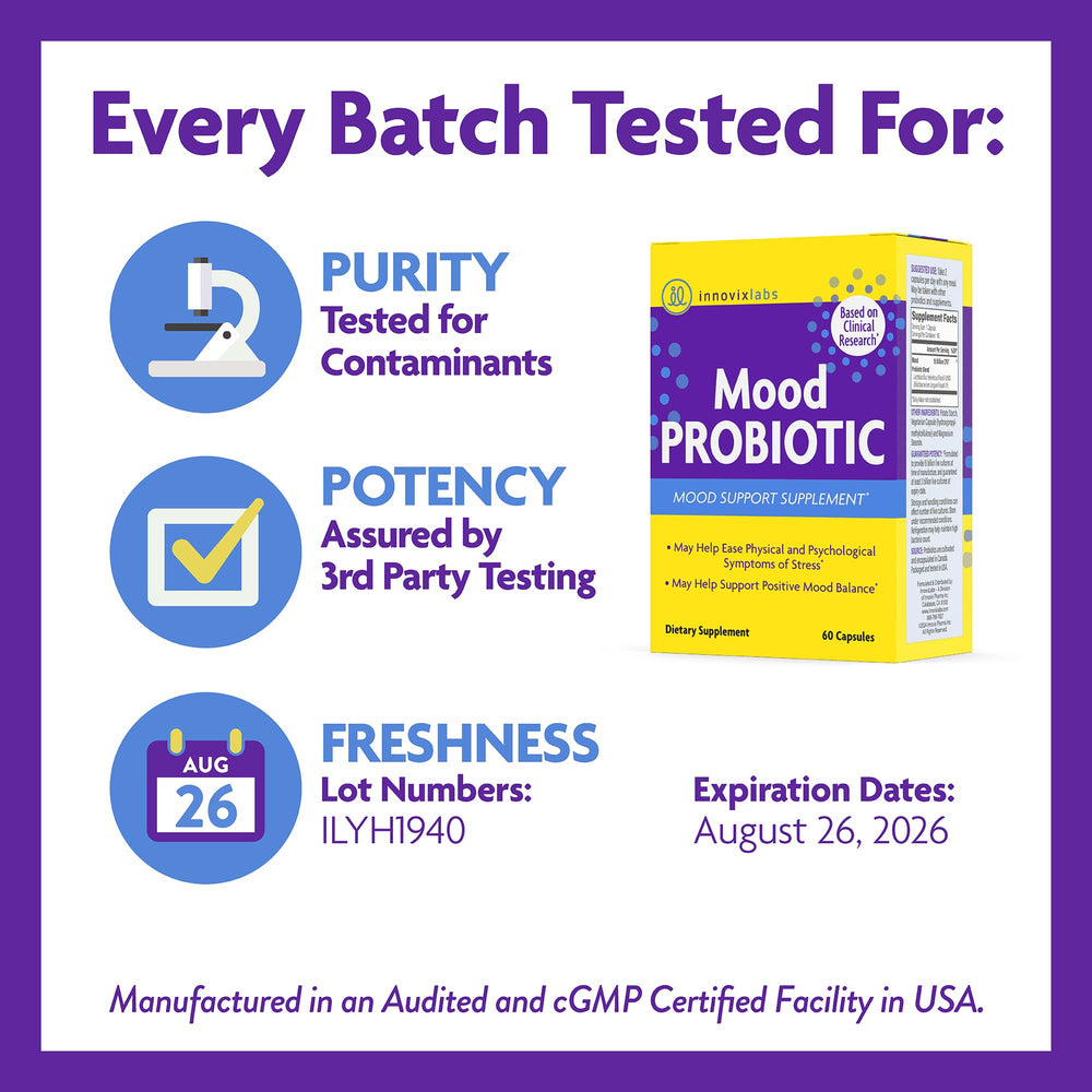 InnovixLabs Mood Probiotic USA packaging highlights quality and third-party testing.