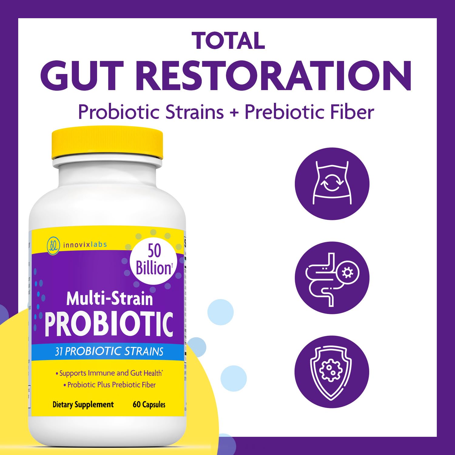 InnovixLabs probiotics capsules close-up highlighting 50B CFU strength for digestion.
