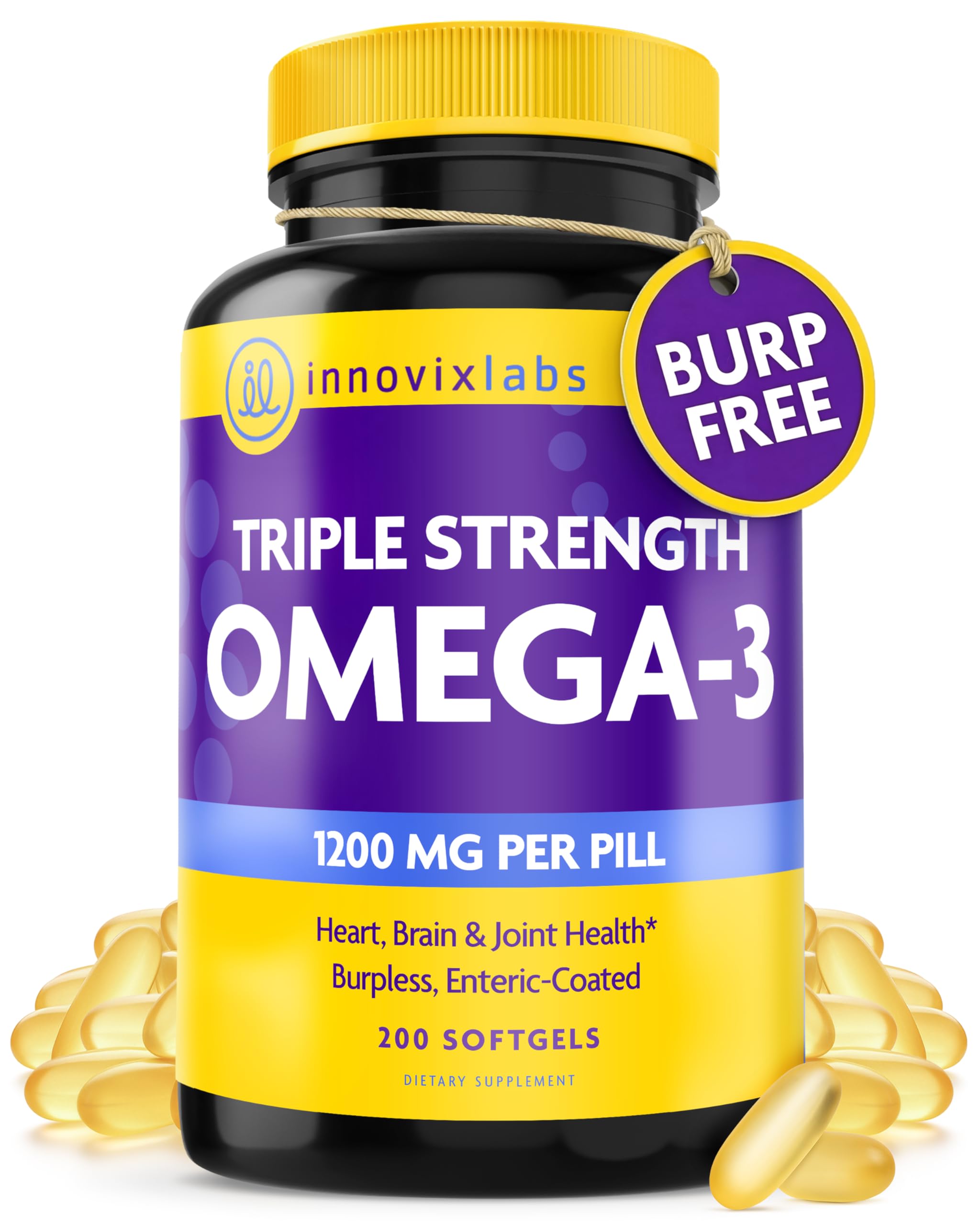 InnovixLabs triple-strength omega-3 bottle highlights high potency for daily brain and joint support.